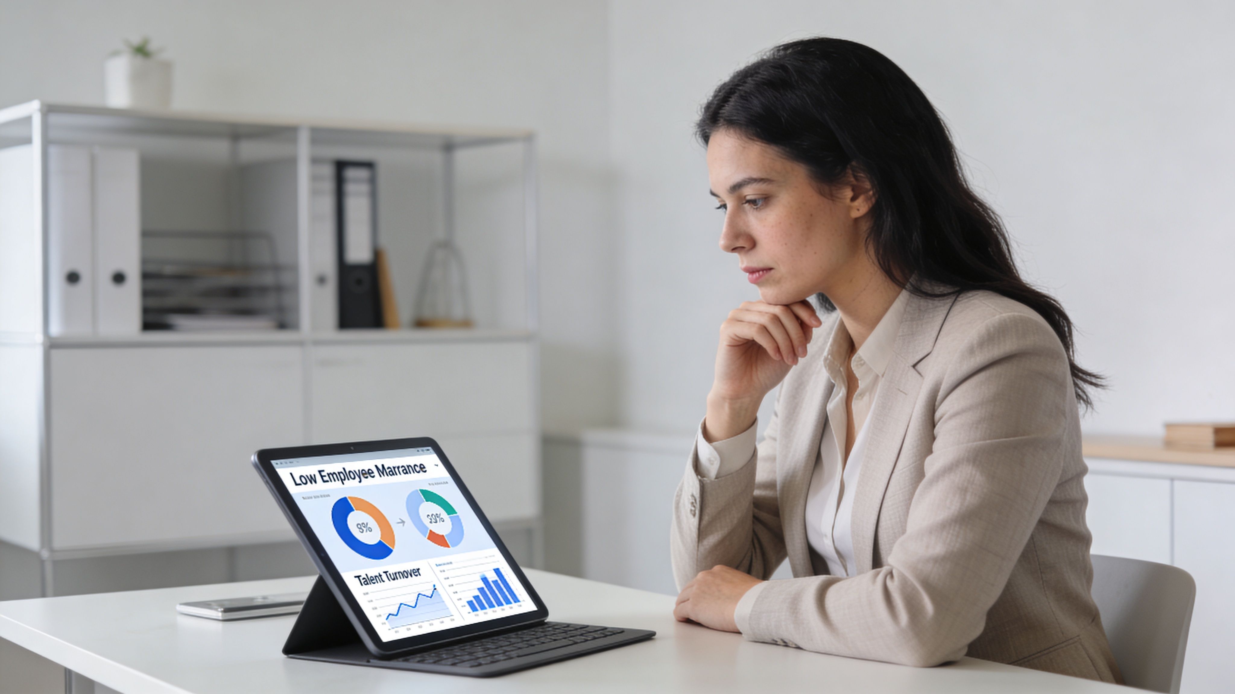 Una mujer profesional de negocios mirando gráficos en una tablet sobre escritorio en oficina moderna.