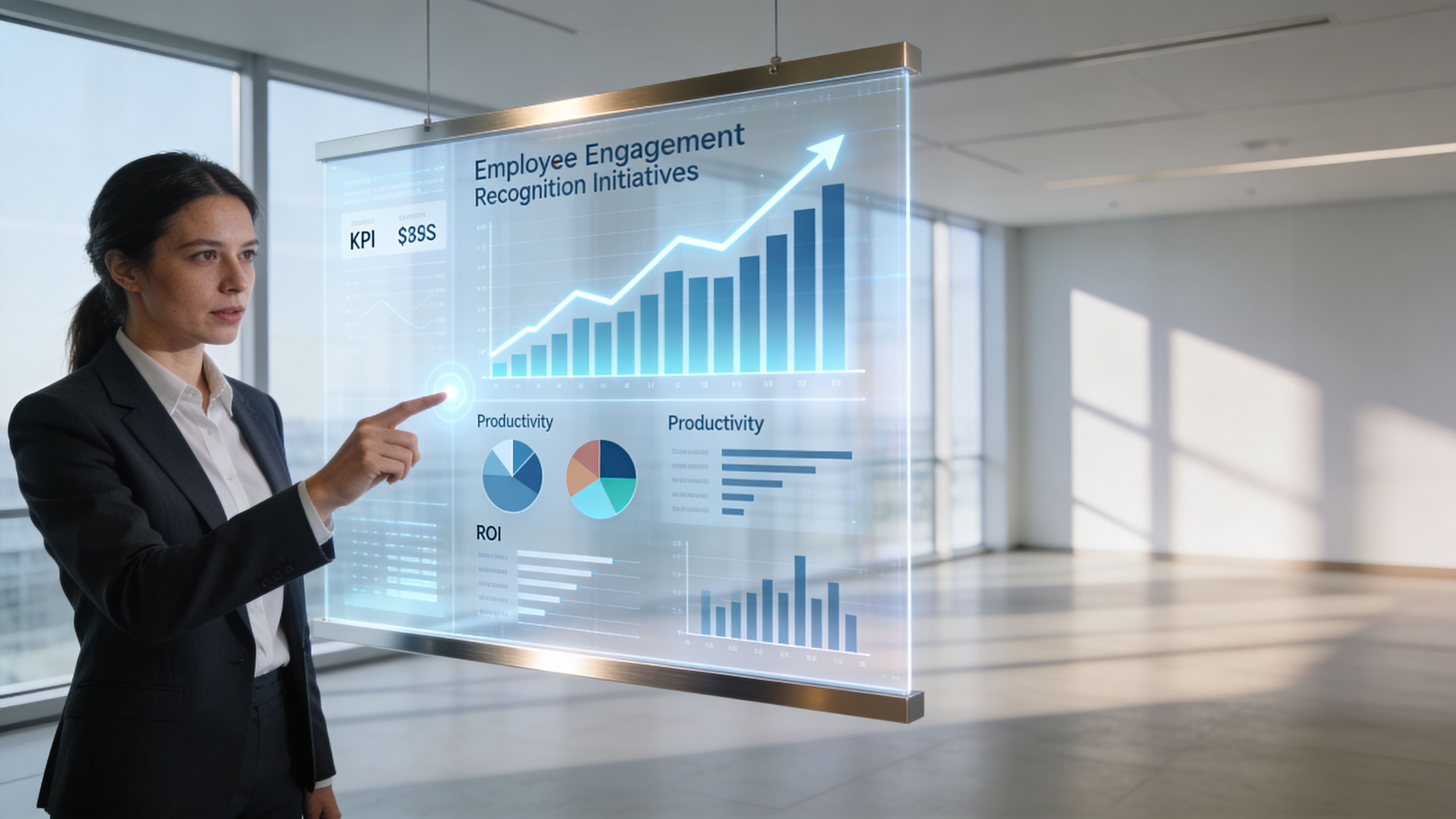 Una profesional analizando métricas de rendimiento y reconocimiento laboral en una interfaz de pantalla táctil transparente.