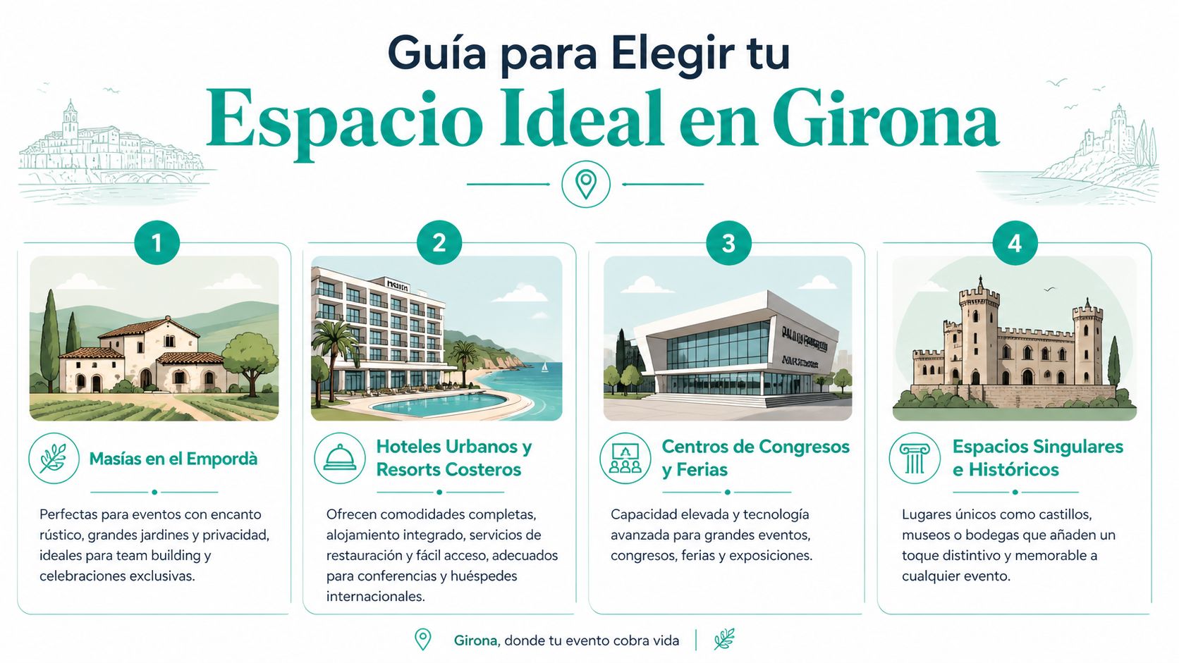 Infografía que guía sobre cómo elegir el espacio ideal para eventos corporativos en la provincia de Girona.