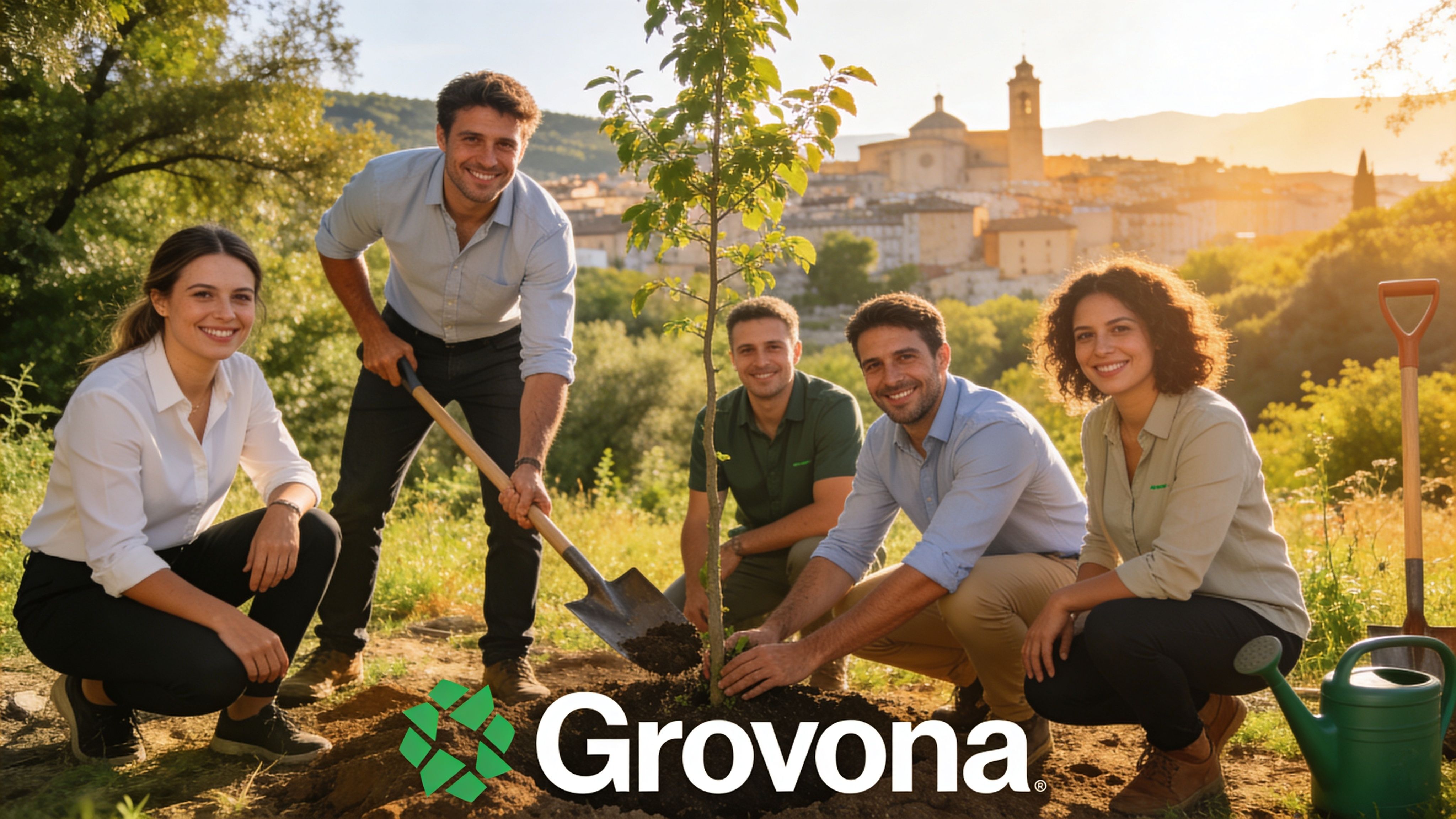 Equipo corporativo de Grovona plantando un árbol joven juntos durante un evento al aire libre en Girona.