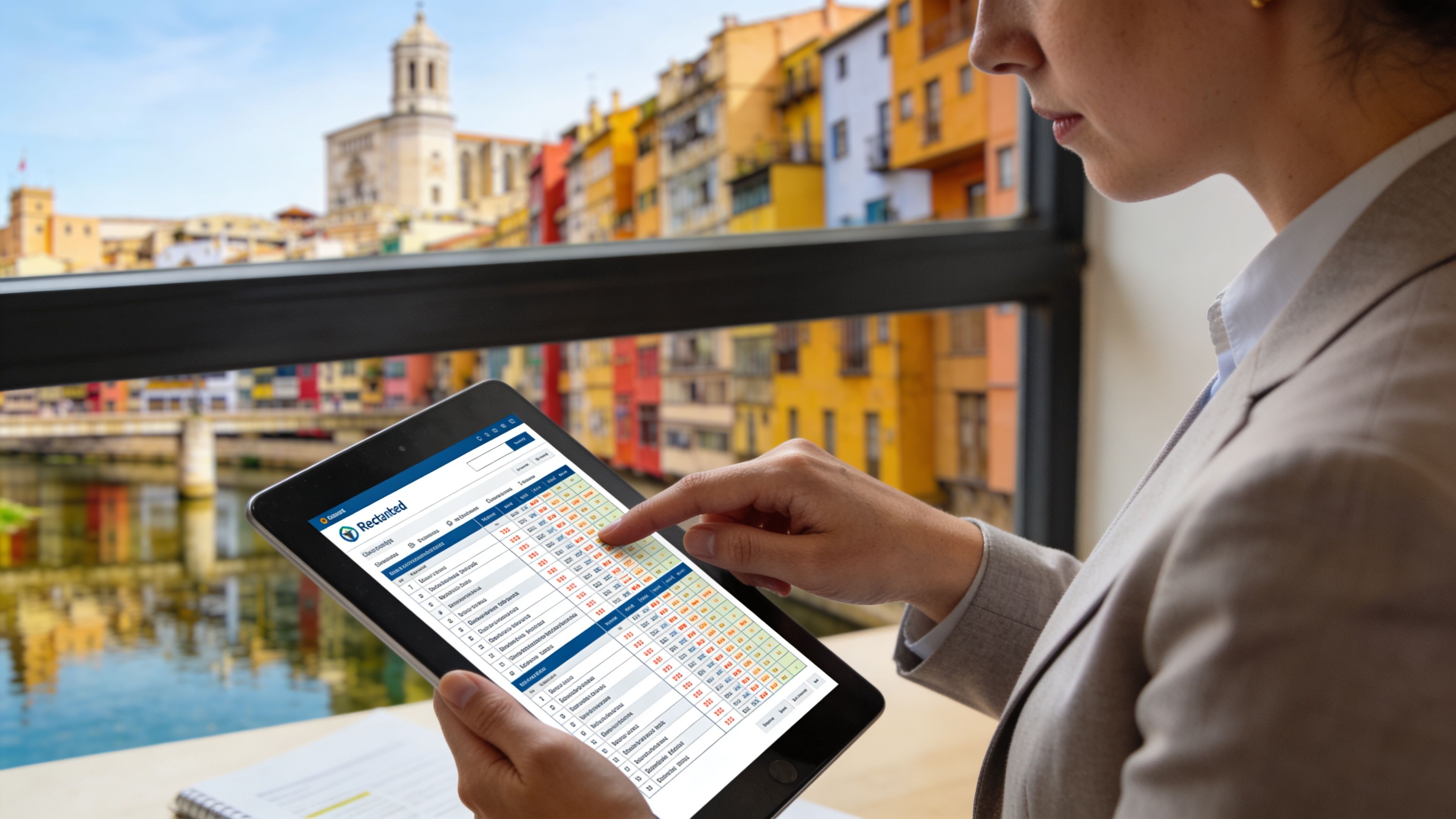 Mujer de negocios revisando un calendario de eventos corporativos en su tableta digital frente a Girona.