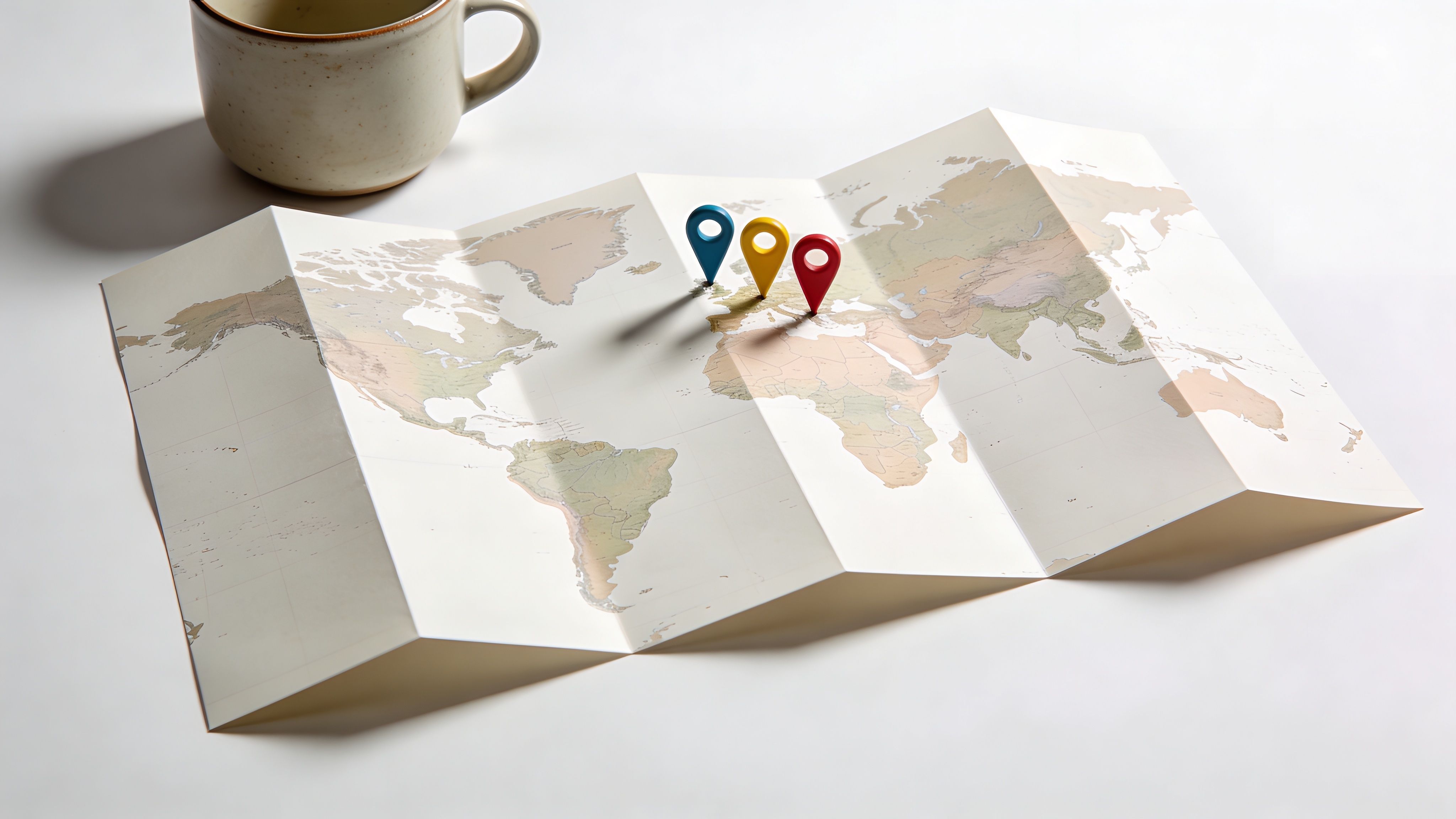 Un mapa del mundo desplegado sobre una mesa con alfileres de ubicación y una taza de café