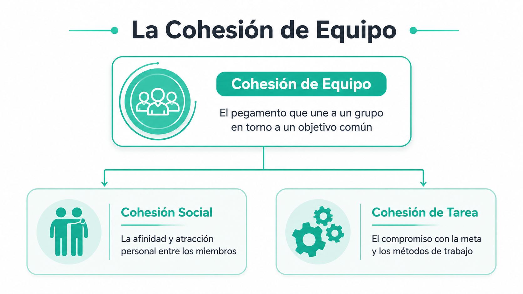 Infografía sobre la cohesión de equipo, mostrando sus dos componentes principales: la cohesión social y de tarea.