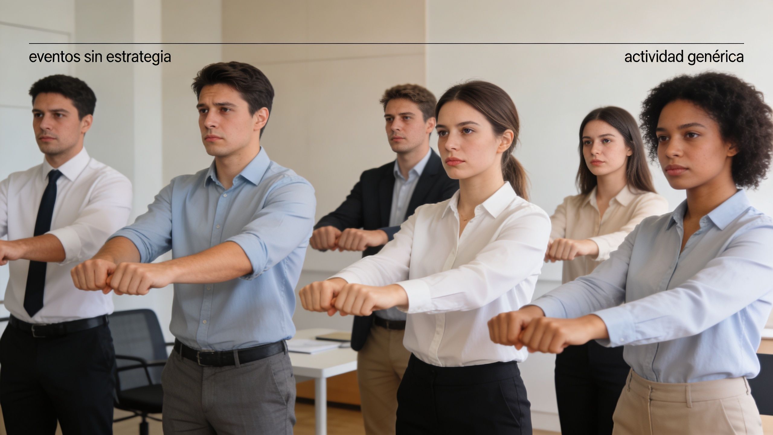 Un grupo de profesionales de oficina haciendo ejercicio de estiramiento de brazos juntos en la oficina.