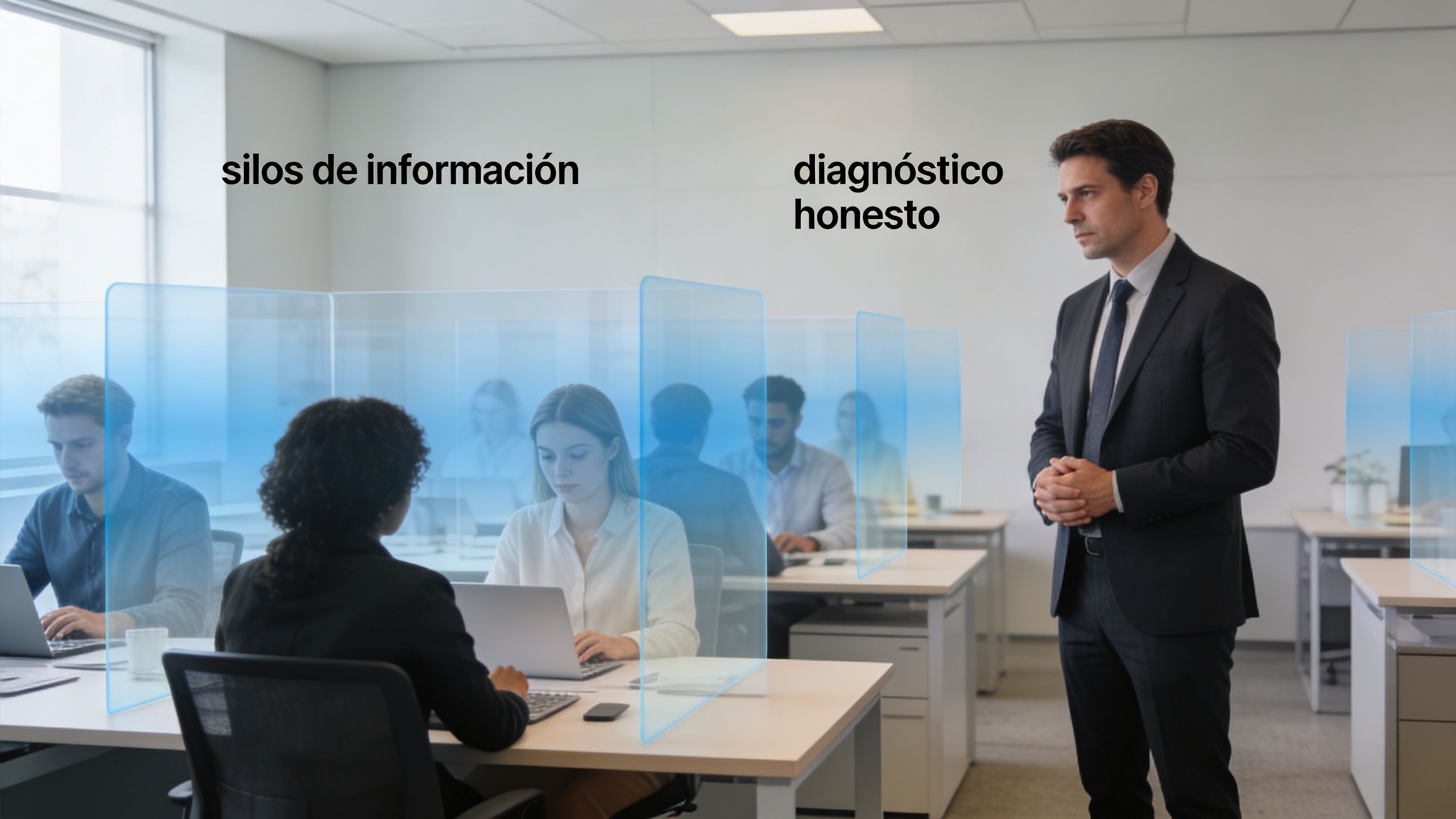 Hombre de negocios observa a empleados trabajando en cubículos de oficina separados por paneles de cristal azul.