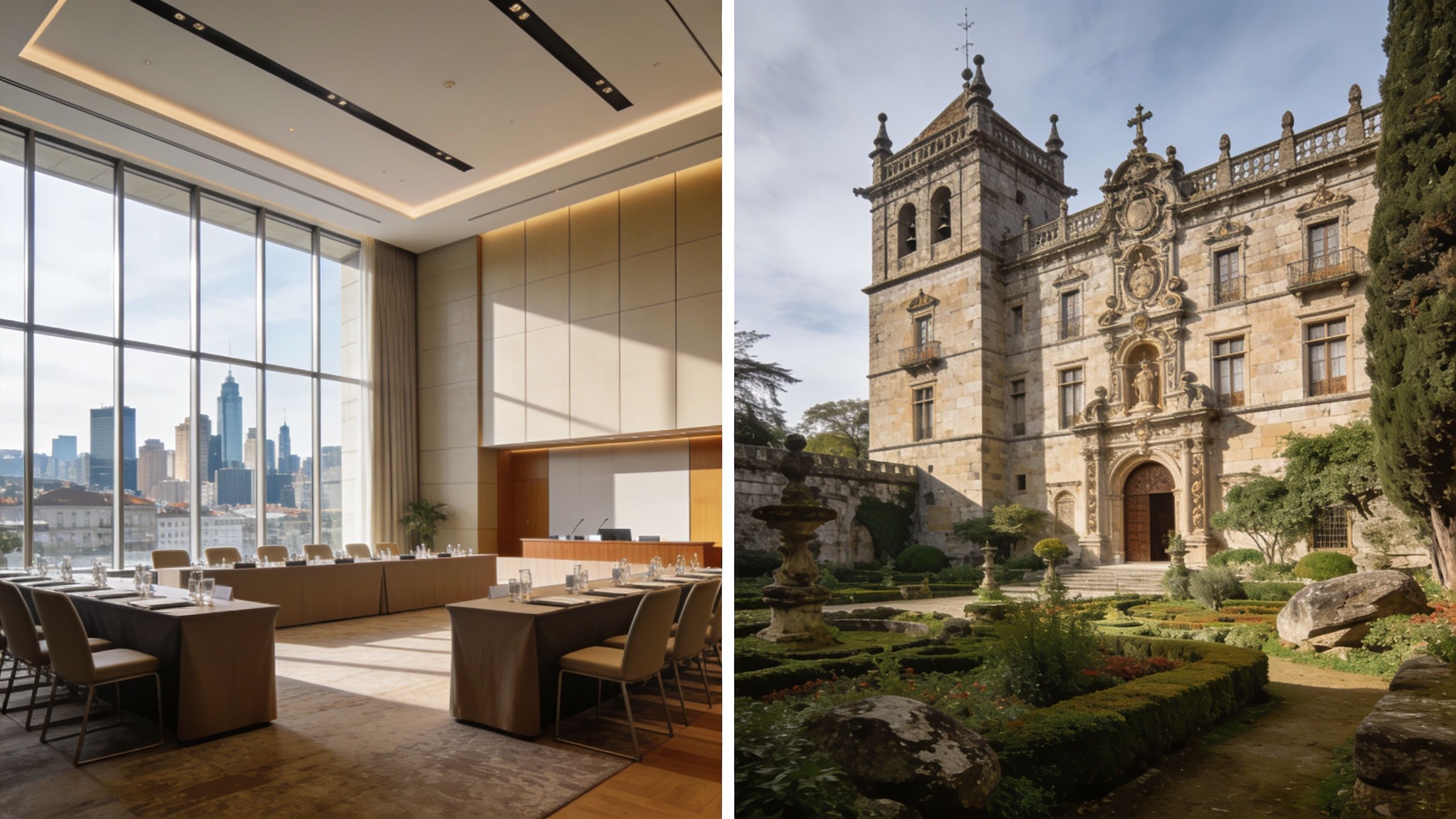Una comparativa entre una sala de conferencias moderna y un histórico palacio con jardines en Santiago.