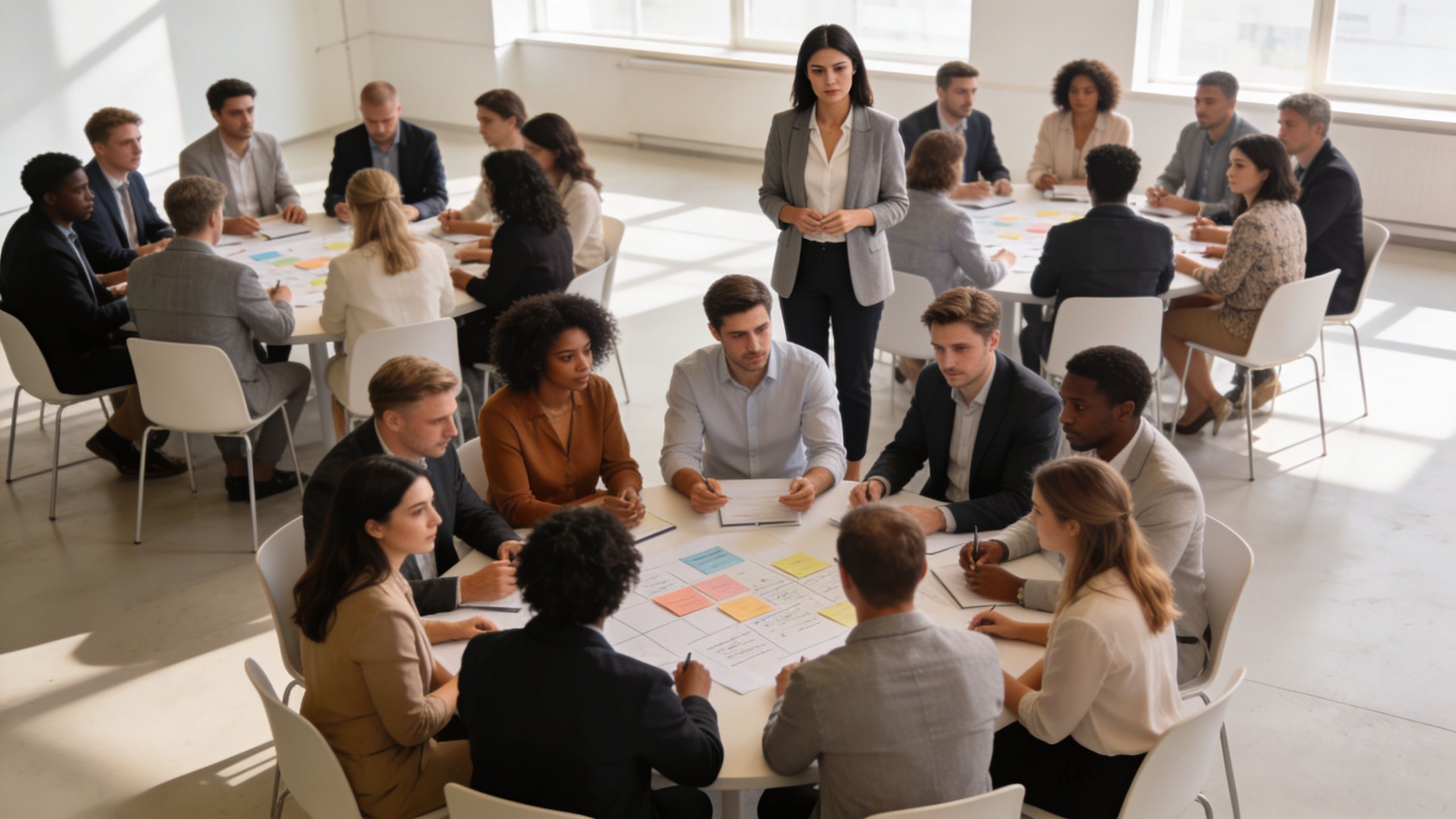 Grupo diverso de profesionales participando en un taller de formación corporativa en una oficina moderna