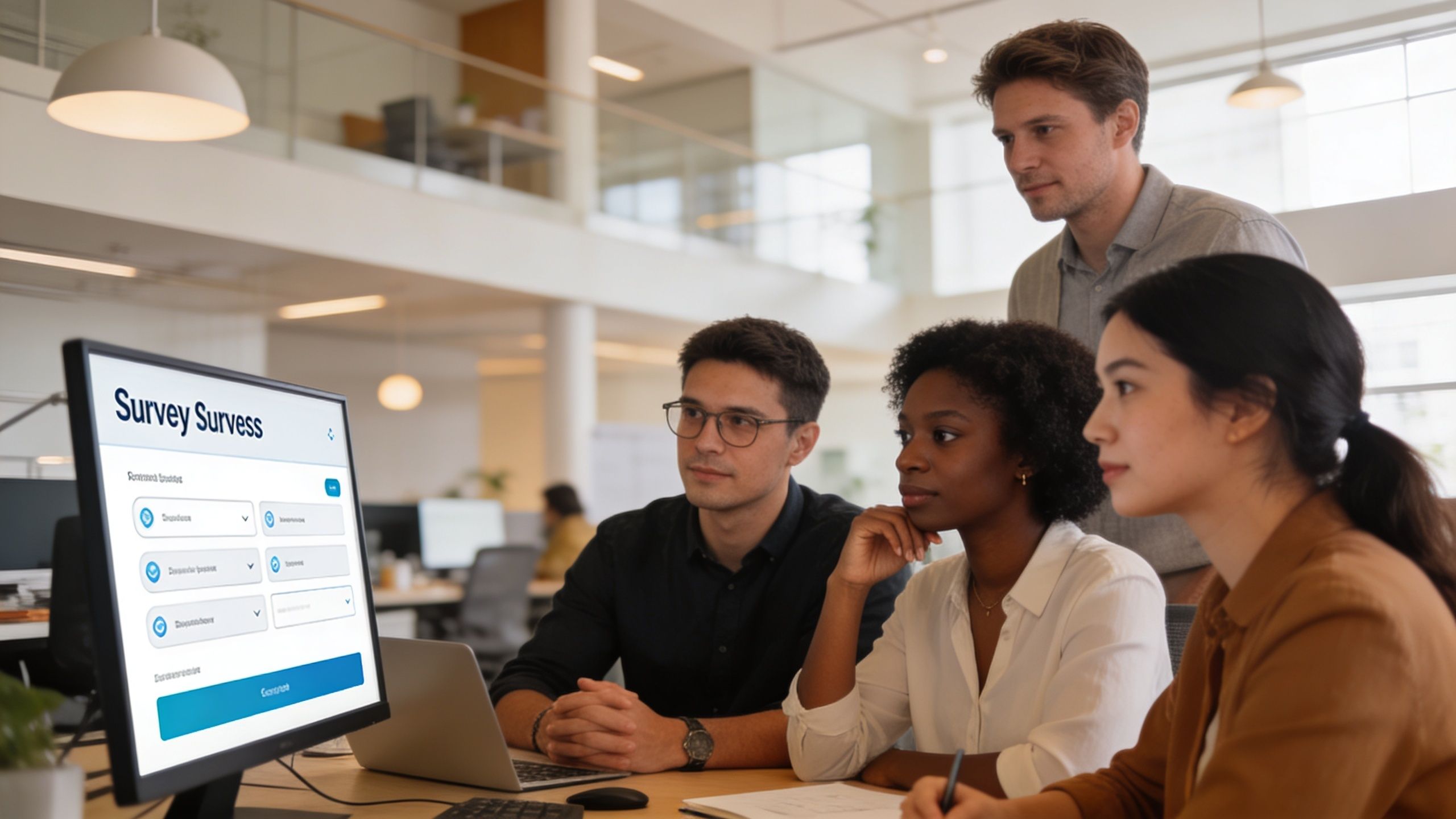 Un equipo diverso de colegas revisa juntos los resultados de una encuesta en una pantalla de computadora.