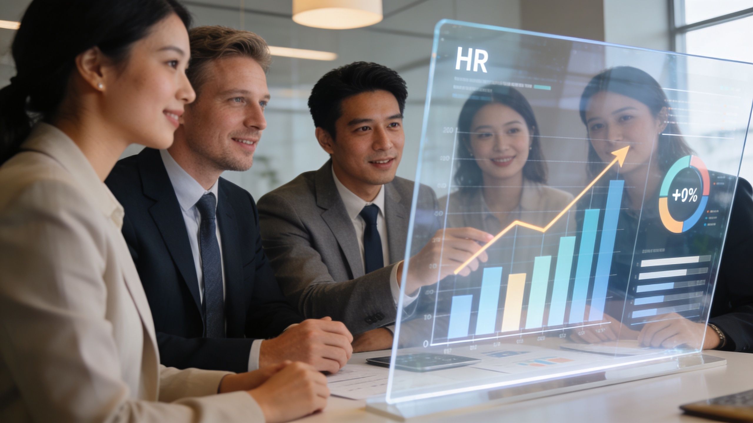 Profesionales de negocios analizando proyecciones de datos en una pantalla digital transparente dentro de una oficina moderna.