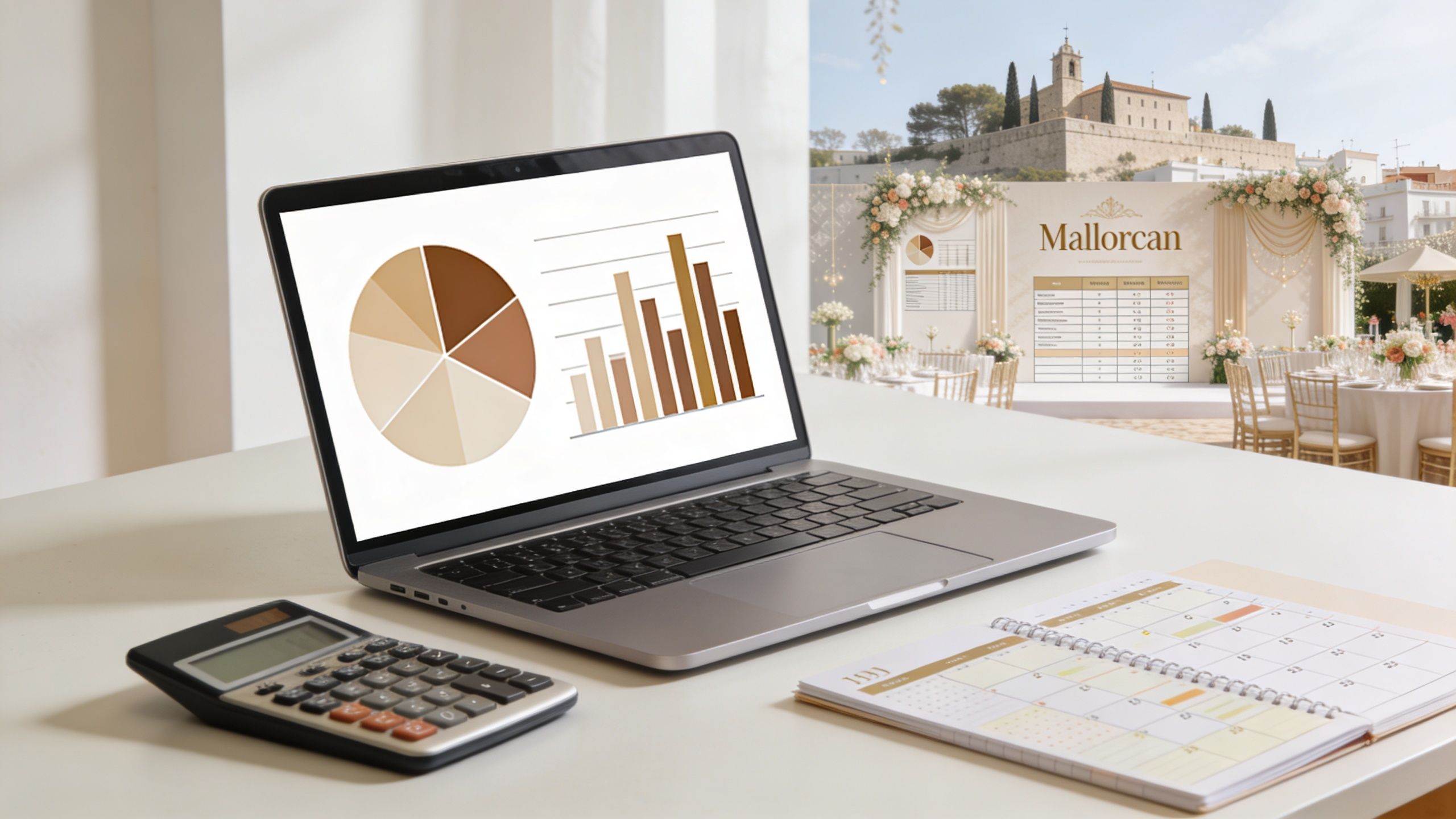 Ordenador portátil con gráficas de planificación financiera sobre una mesa con calculadora y calendario de eventos