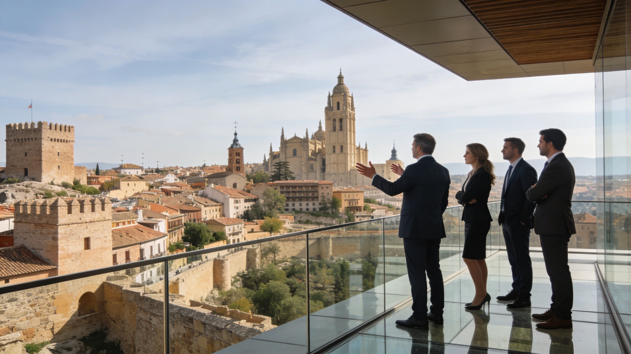 Un grupo de profesionales observa una histórica ciudad española desde un balcón con vistas a la catedral.