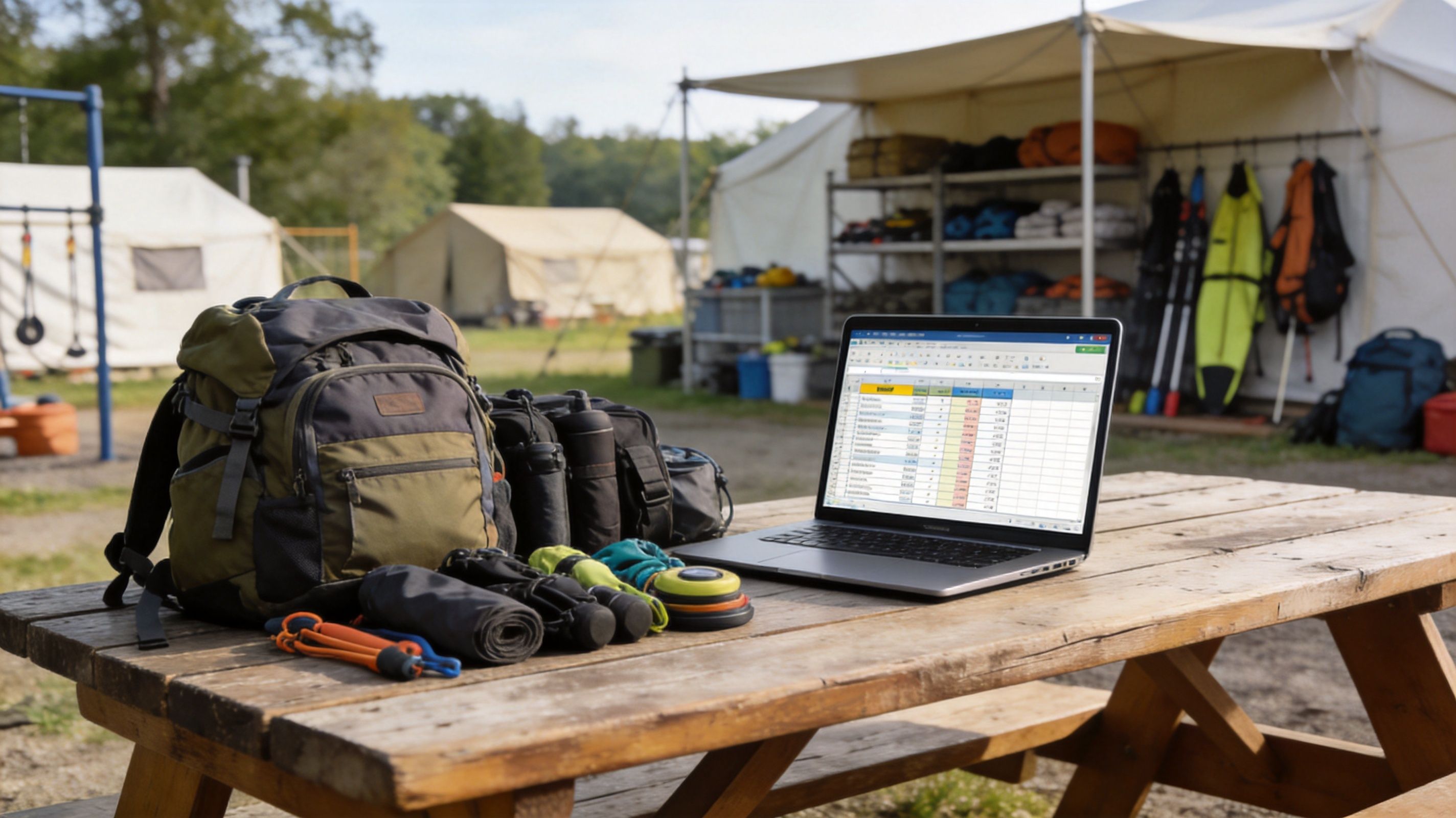 Una computadora portátil mostrando una hoja de cálculo sobre una mesa de picnic en un campamento exterior.