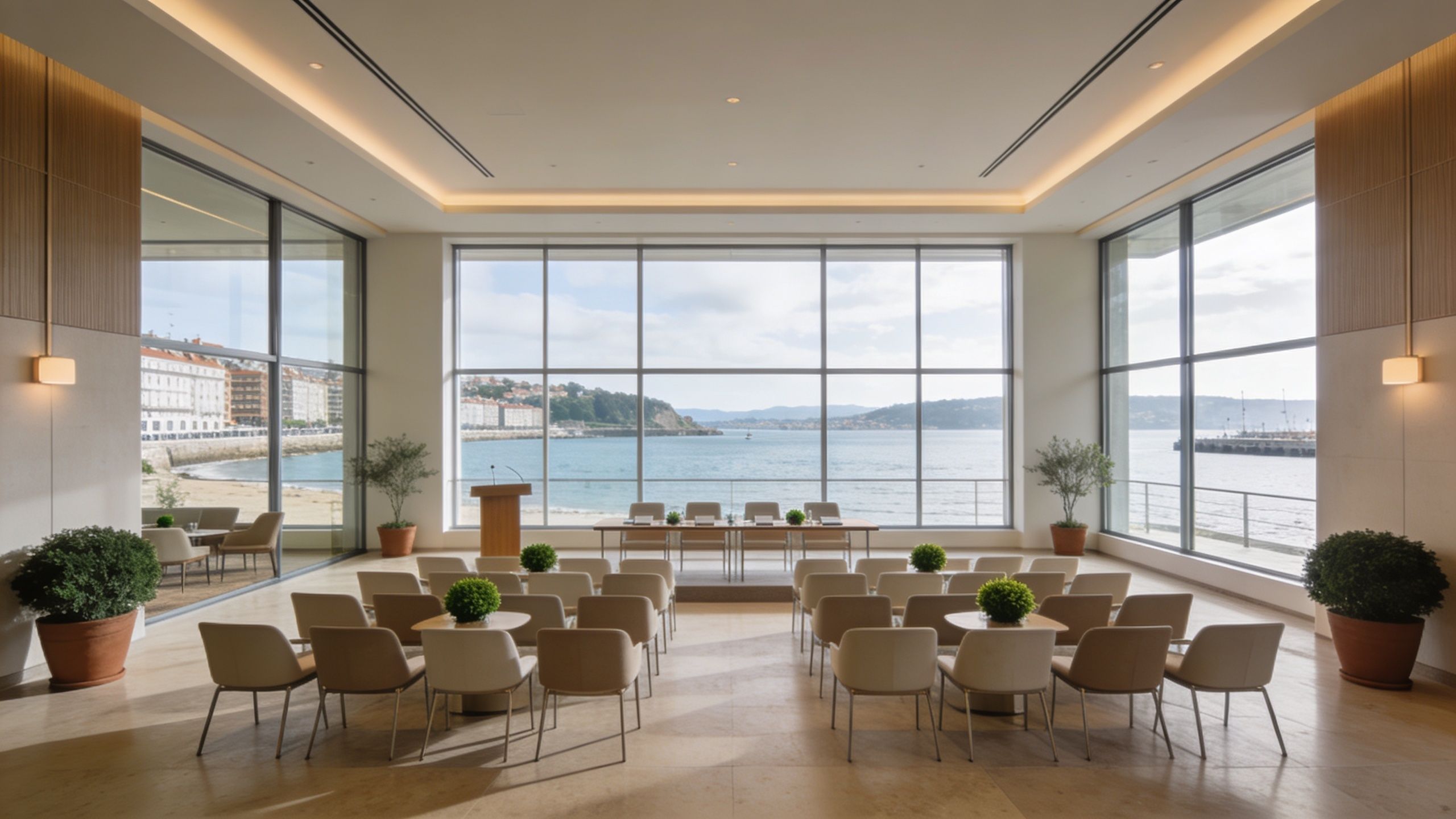 Sala de reuniones luminosa con vista al mar, ideal para conferencias corporativas en Santander.