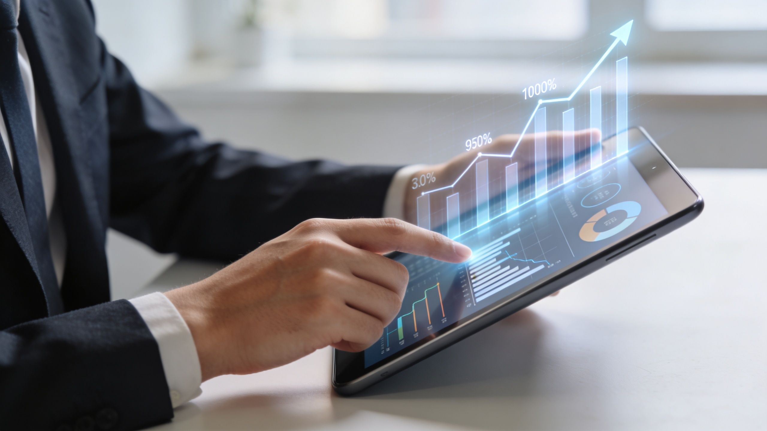 Un ejecutivo analizando datos financieros proyectados en una pantalla holográfica sobre una tableta táctil moderna.