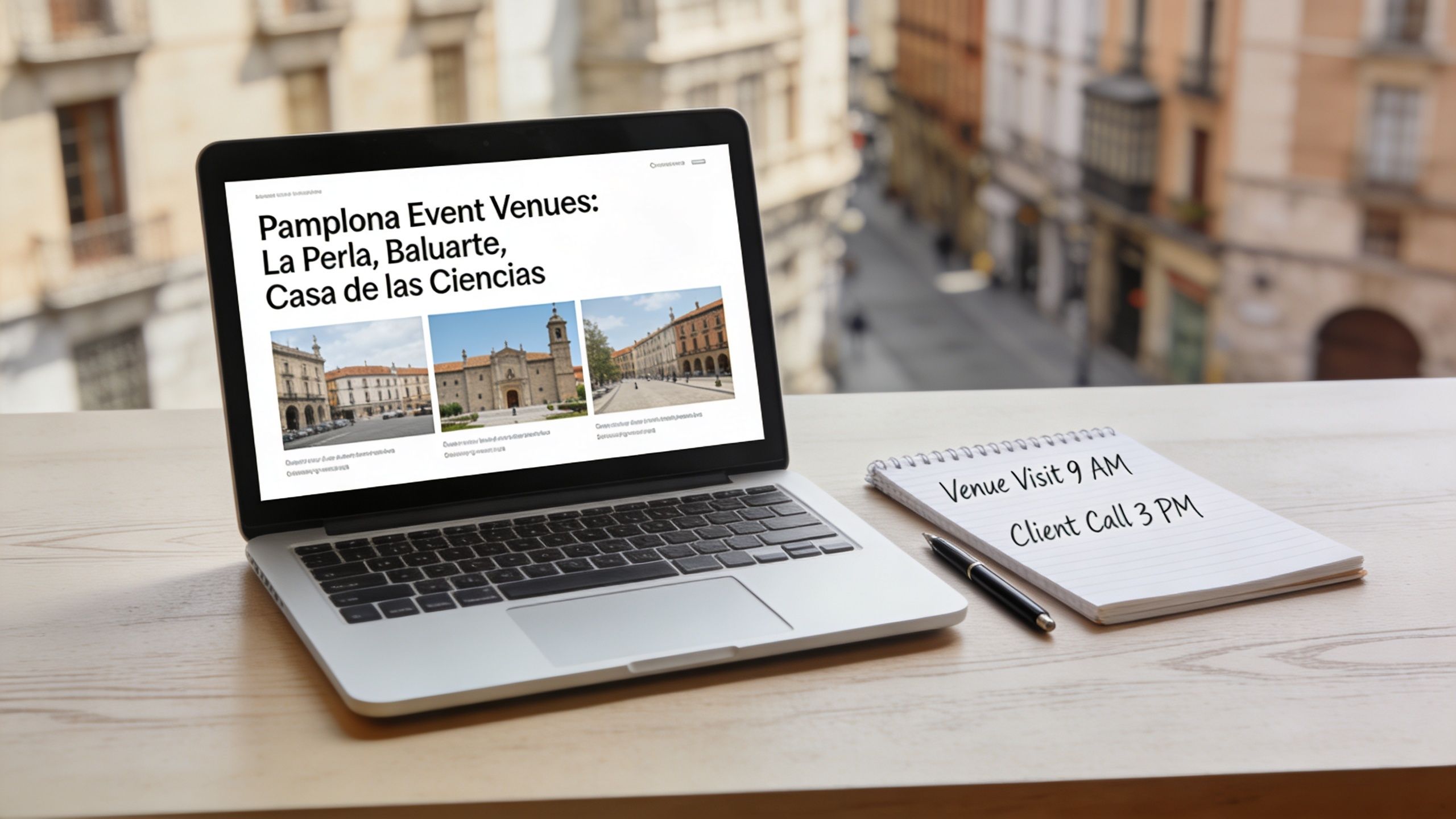 Ordenador portátil con información sobre sedes de eventos en Pamplona junto a un cuaderno con notas.