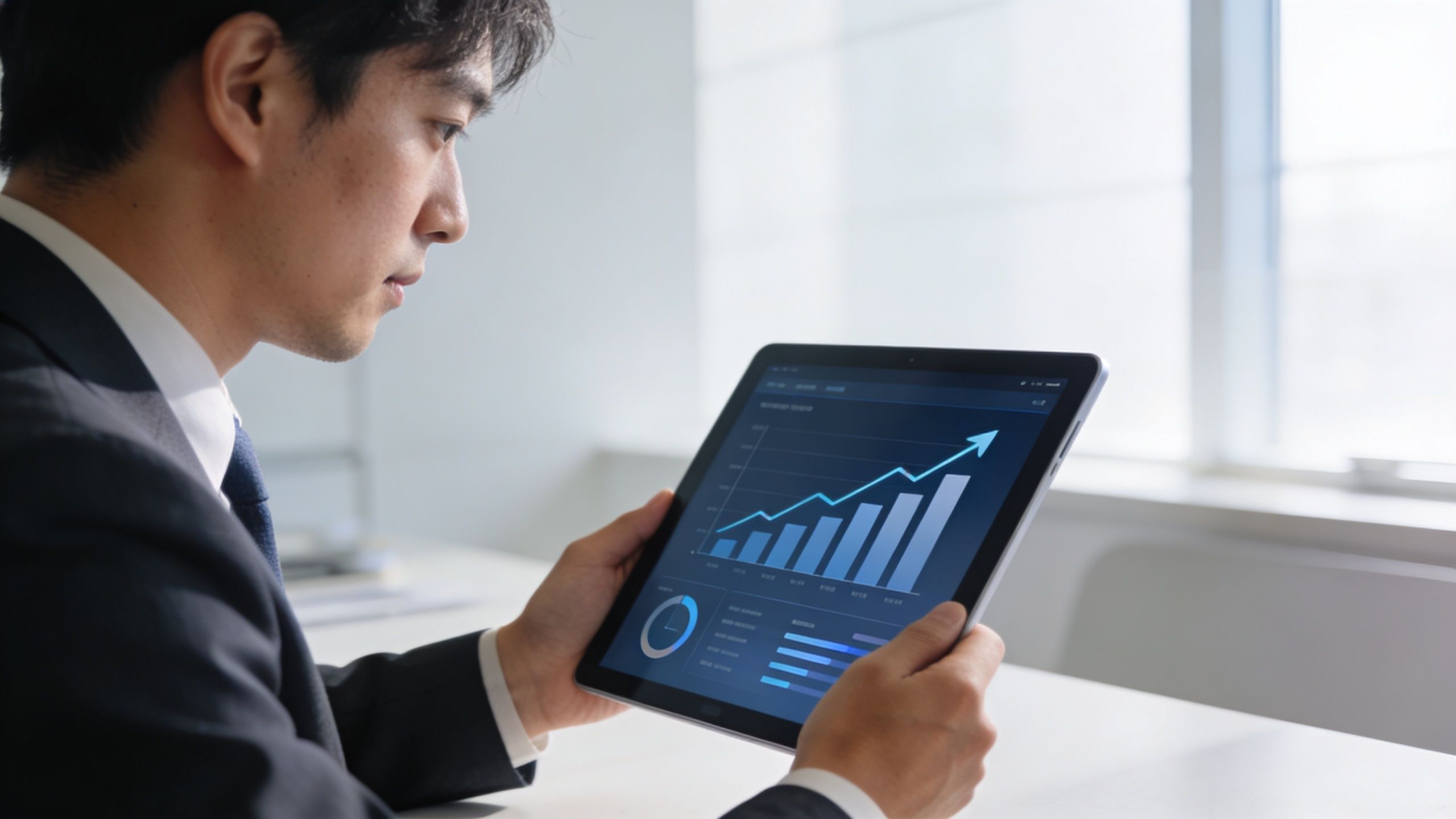 Un ejecutivo de negocios analizando gráficos de crecimiento financiero en una tableta digital dentro de la oficina.
