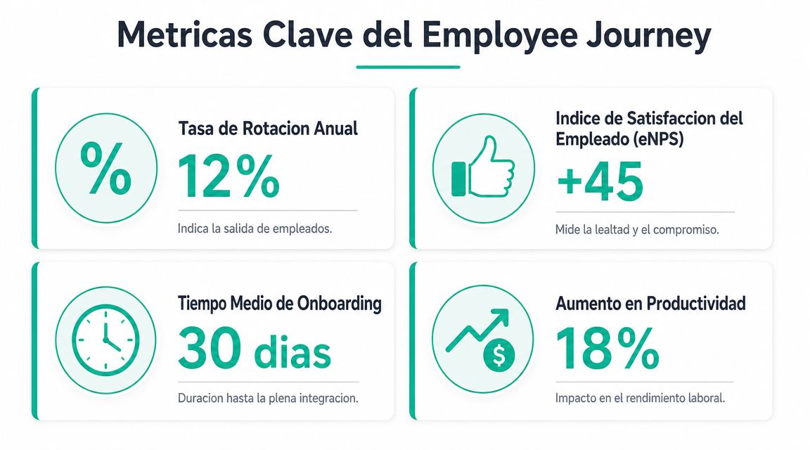 Infografía sobre métricas clave del employee journey mostrando rotación, satisfacción, onboarding y aumento en productividad.