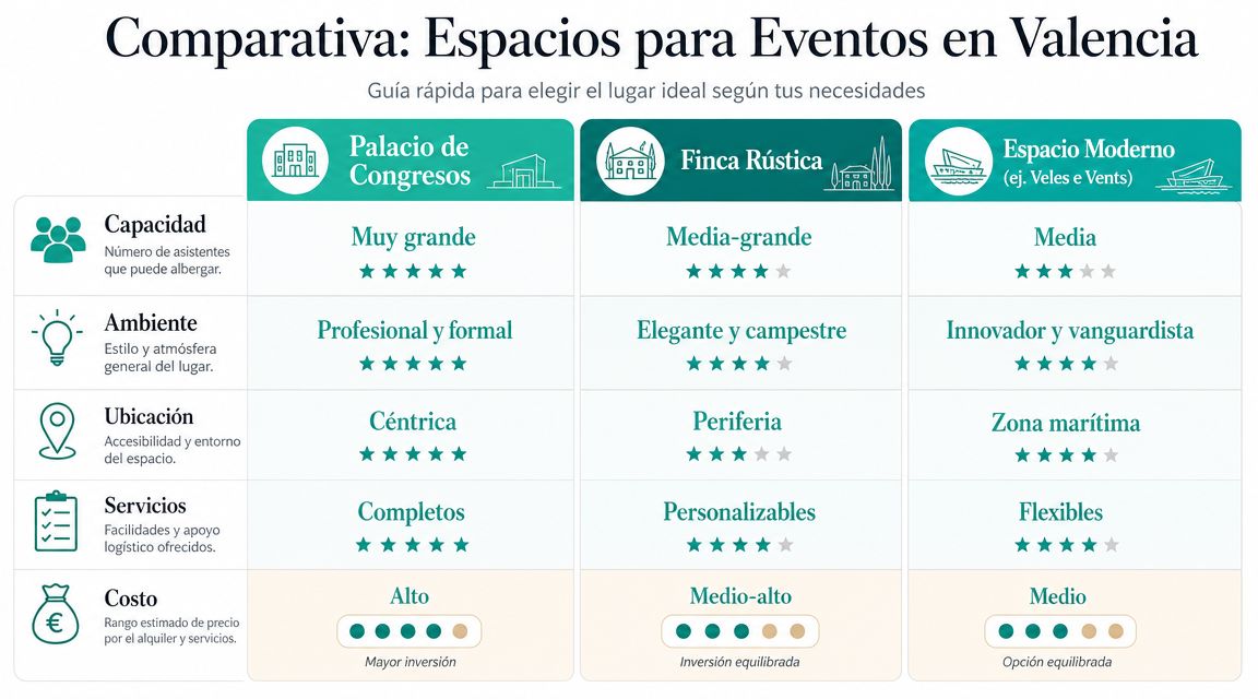 Tabla comparativa de espacios para eventos en Valencia, detallando capacidad, ambiente, ubicación, servicios y costes estimados.
