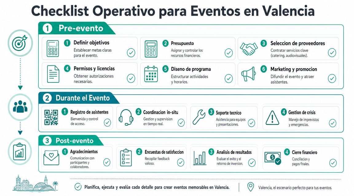 Infografía con un checklist detallado para la gestión y organización operativa de eventos corporativos en Valencia.