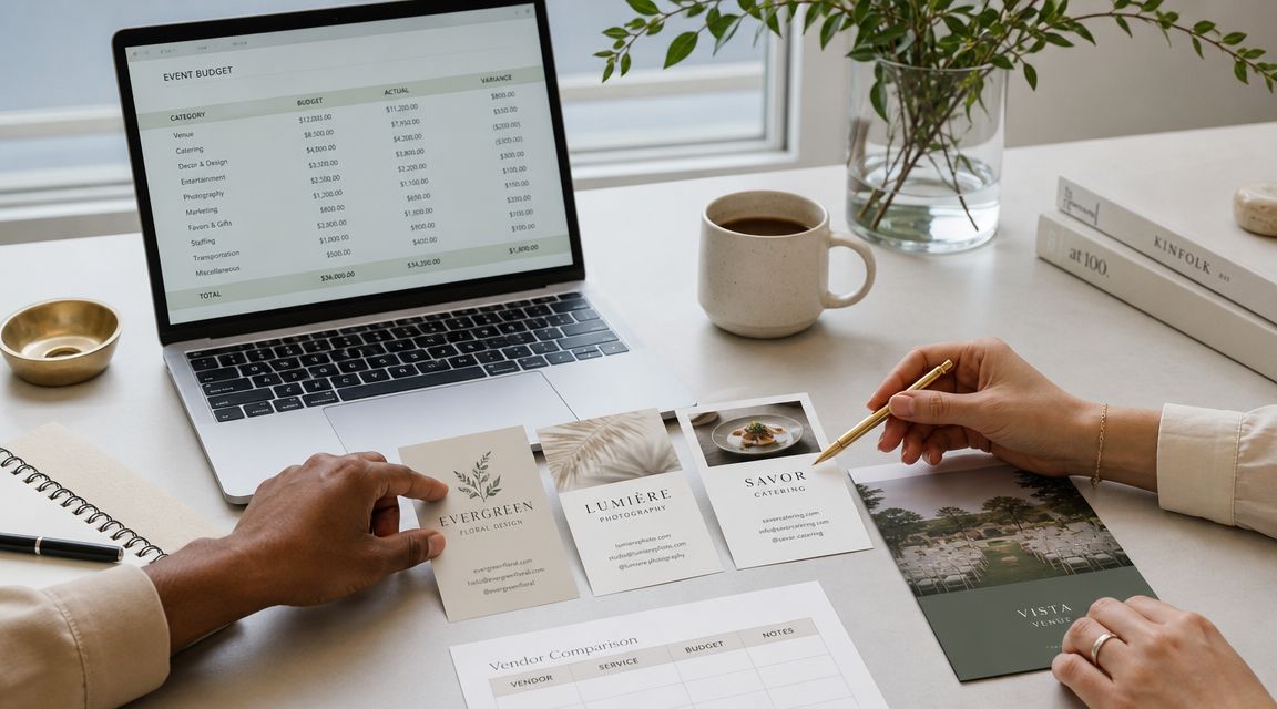 Profesionales planificando un evento corporativo sobre una mesa con presupuesto, tarjetas de proveedores y portátil abierto.