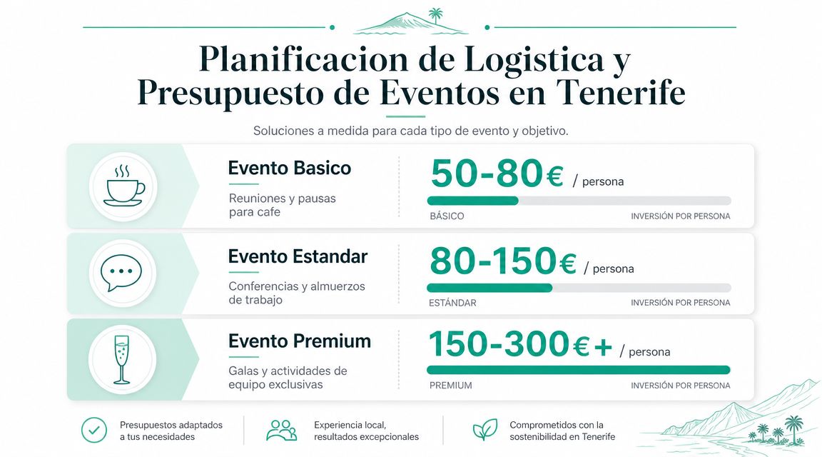 Tabla comparativa de precios y servicios para la organización de eventos corporativos en Tenerife por persona.