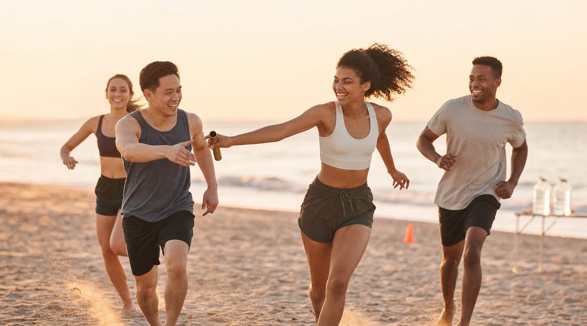Cuatro amigos felices participando en una carrera de relevos en la playa durante el atardecer.