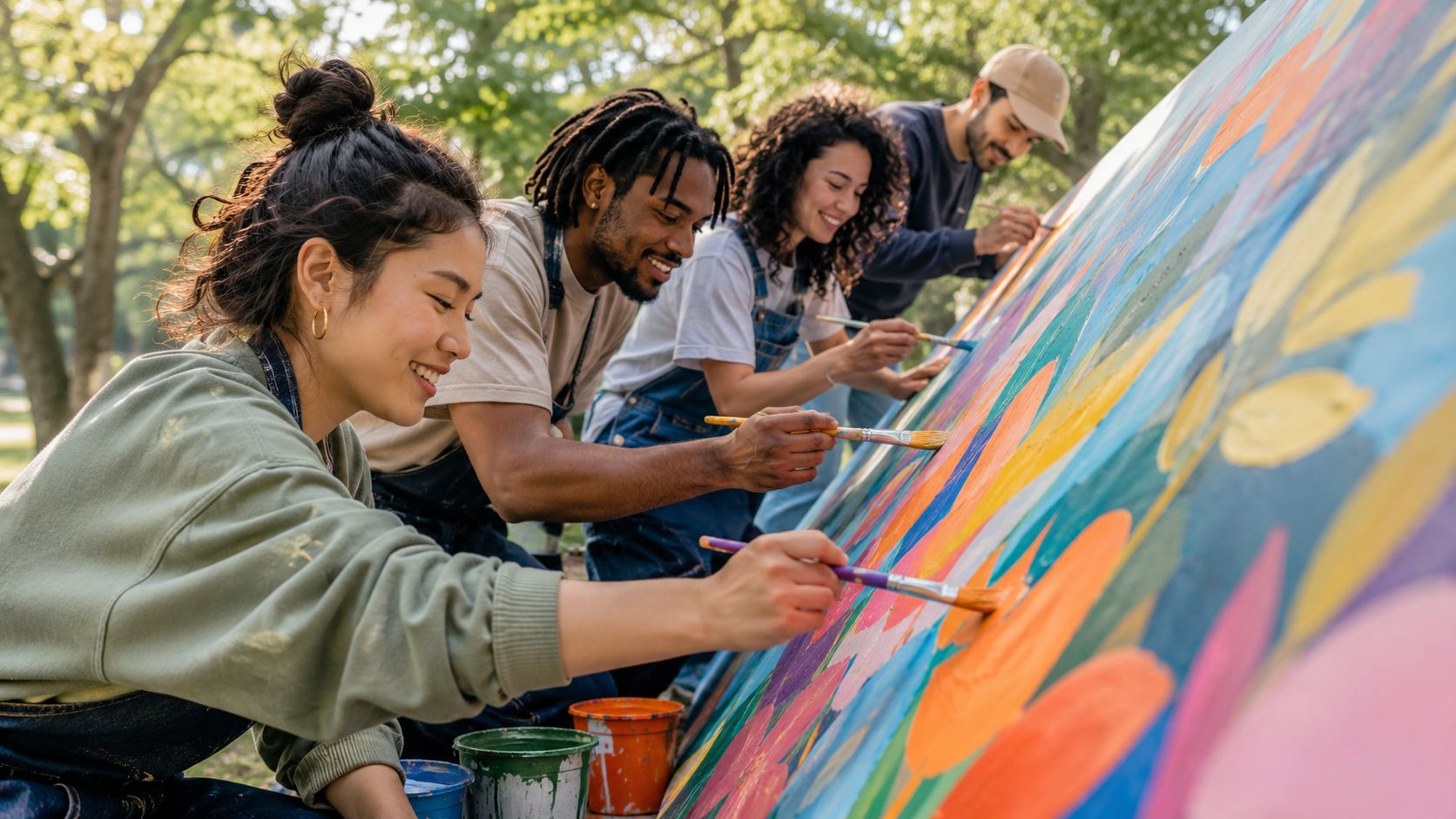 Un grupo diverso de jóvenes pintando un mural colorido al aire libre durante una actividad grupal.