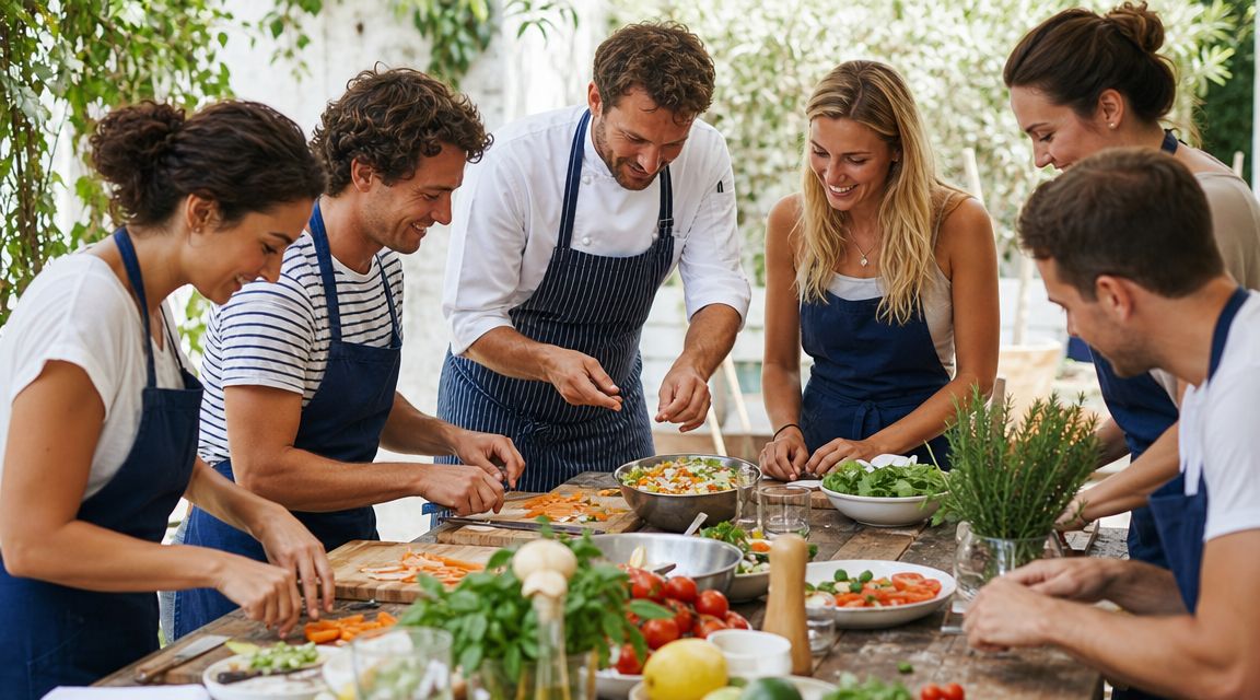 Un grupo de personas cocinando juntas en un taller gastronómico al aire libre con un chef profesional