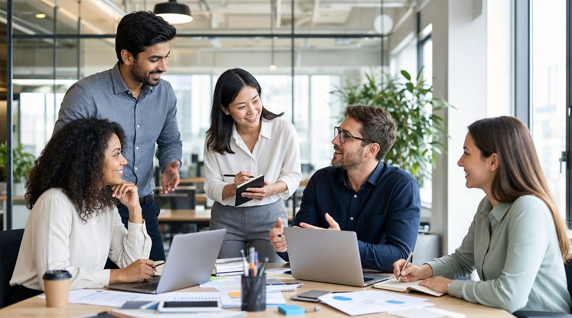 Un equipo diverso de profesionales colaborando en una reunión de negocios dentro de una oficina moderna.