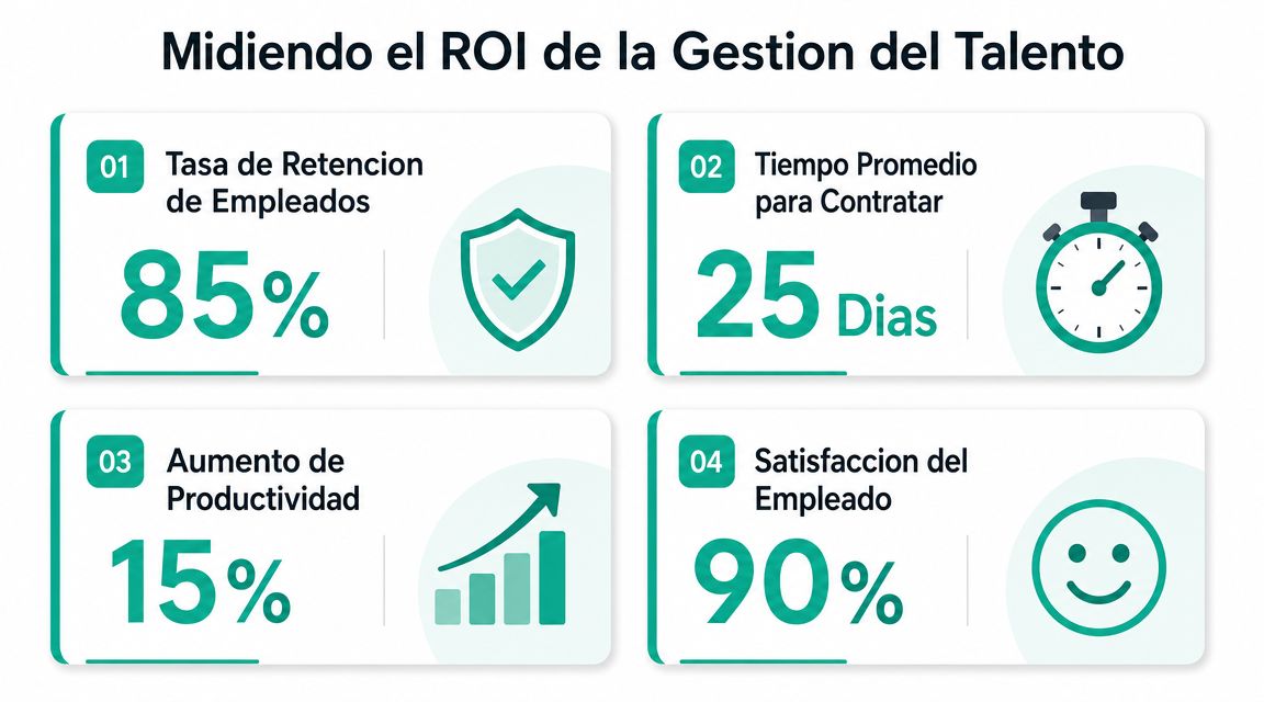 Infografía sobre métricas clave para medir el retorno de inversión en la gestión del talento humano.