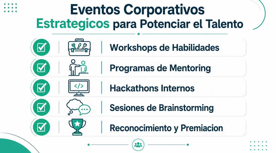 Lista de cinco eventos corporativos estratégicos diseñados para potenciar el talento humano dentro de las organizaciones.