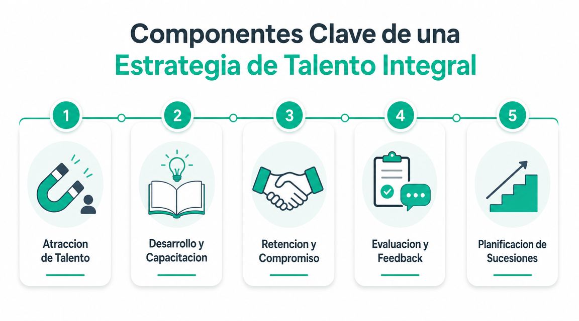 Gráfico que ilustra los cinco componentes clave para una estrategia integral de gestión del talento humano.