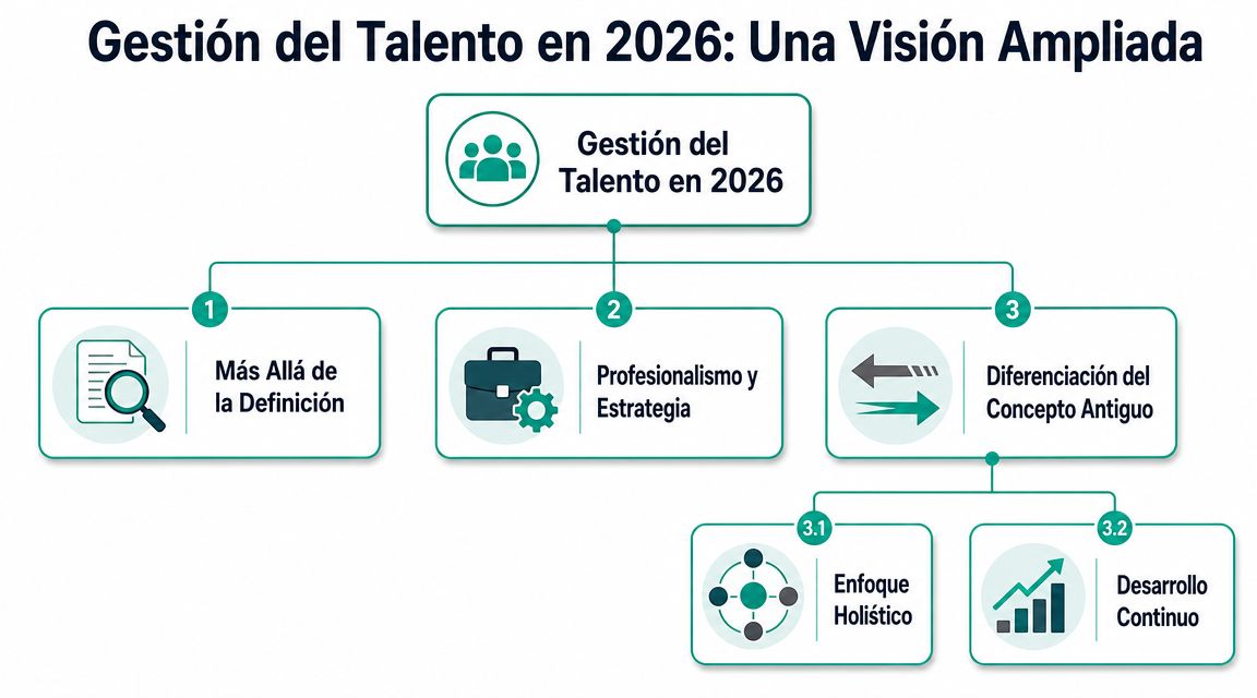 Diagrama detallando los pilares clave para la gestión del talento hacia el año 2026 de forma estratégica.