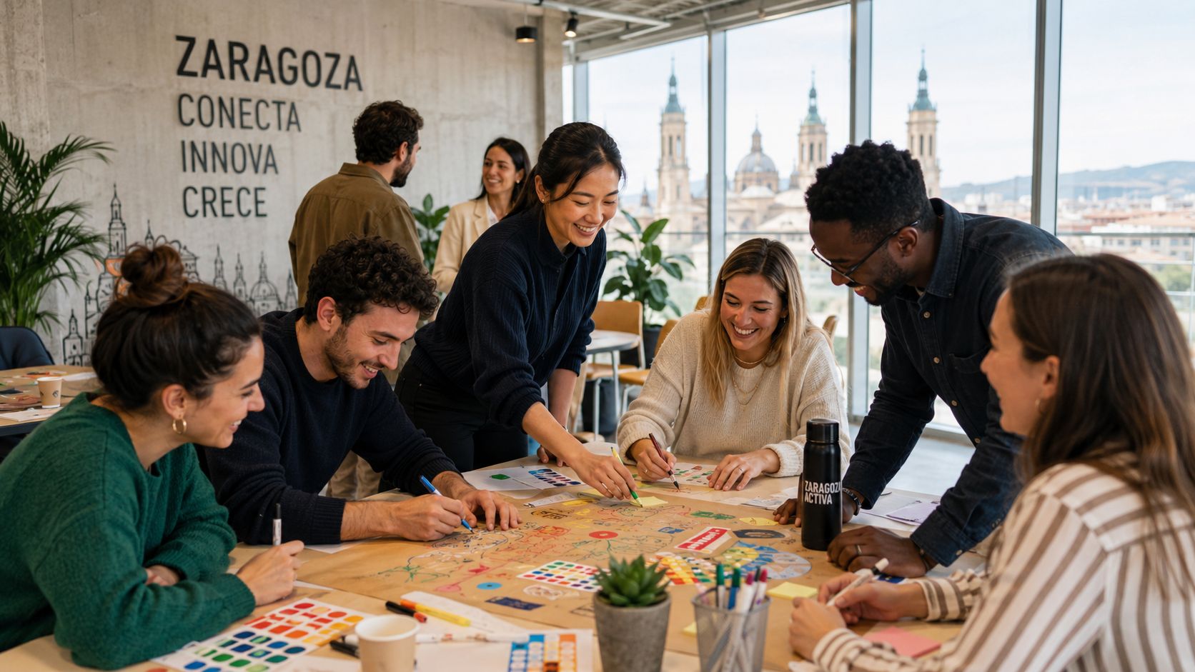 Un grupo diverso de personas colaborando en una sesión creativa de diseño en una oficina moderna en Zaragoza.