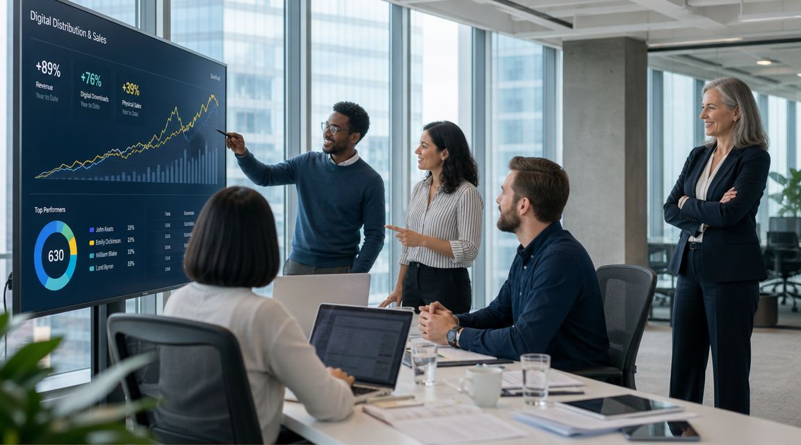 Un equipo profesional diverso analizando gráficas de rendimiento financiero durante una reunión en una oficina moderna.