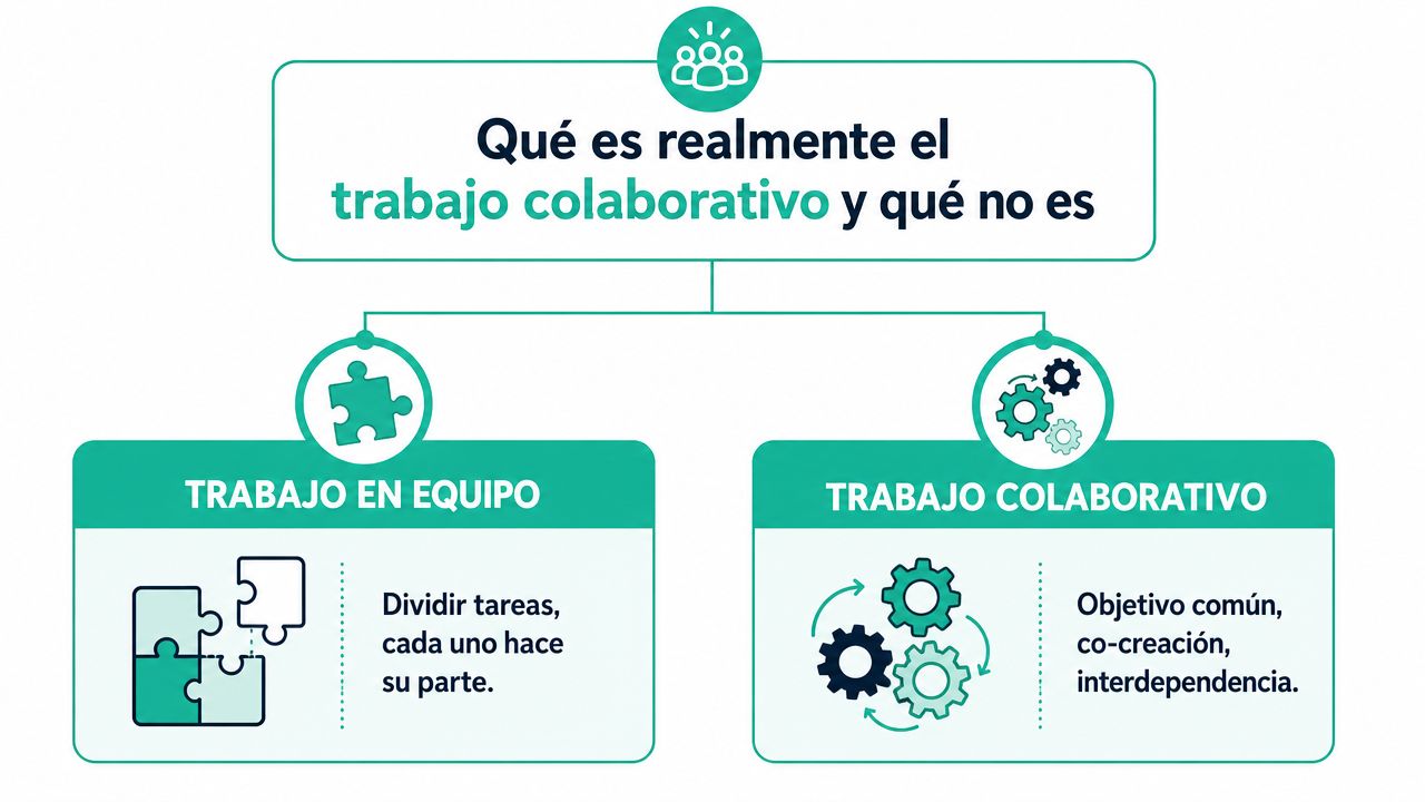 Infografía que compara el trabajo en equipo con el trabajo colaborativo detallando sus definiciones principales.