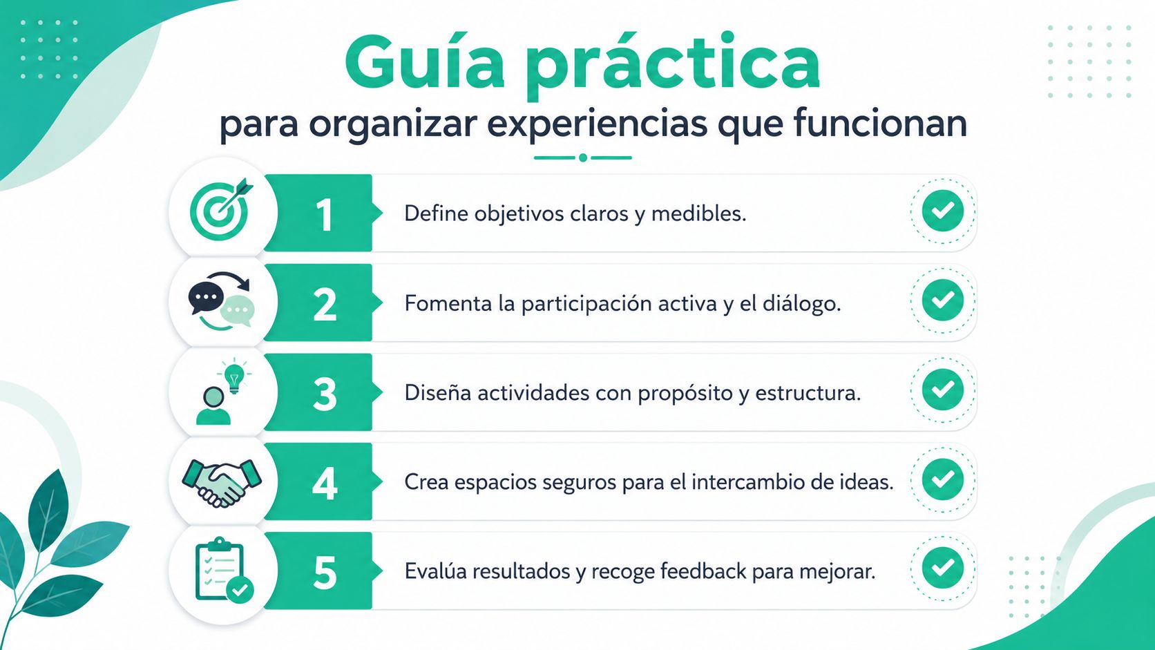 Guía práctica con cinco pasos numerados para organizar experiencias de trabajo colaborativo efectivo y estructurado.