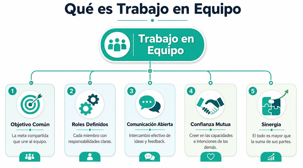 Infografía que explica los cinco elementos clave necesarios para lograr un trabajo en equipo exitoso y colaborativo.
