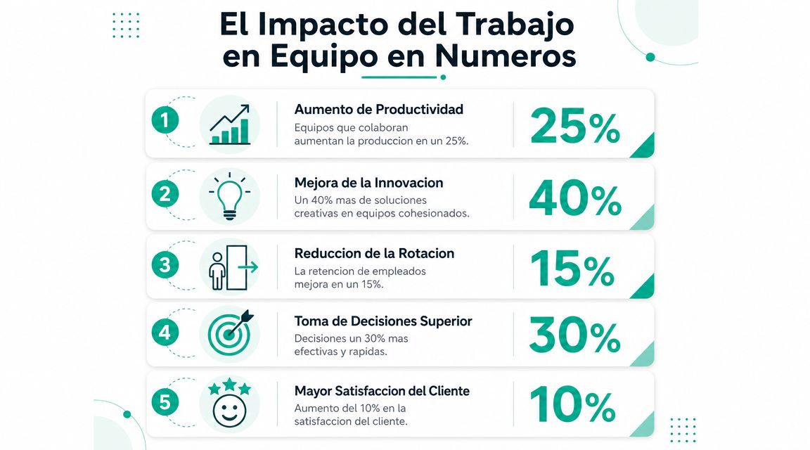 Gráfico que ilustra los beneficios del trabajo en equipo cuantificados con cinco métricas positivas de rendimiento empresarial.