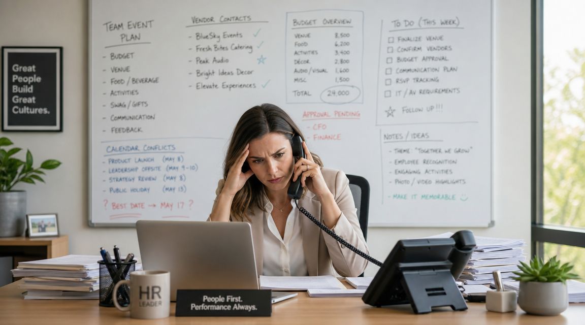 Una mujer estresada en su oficina trabajando en equipo con una pizarra llena de notas y planes.