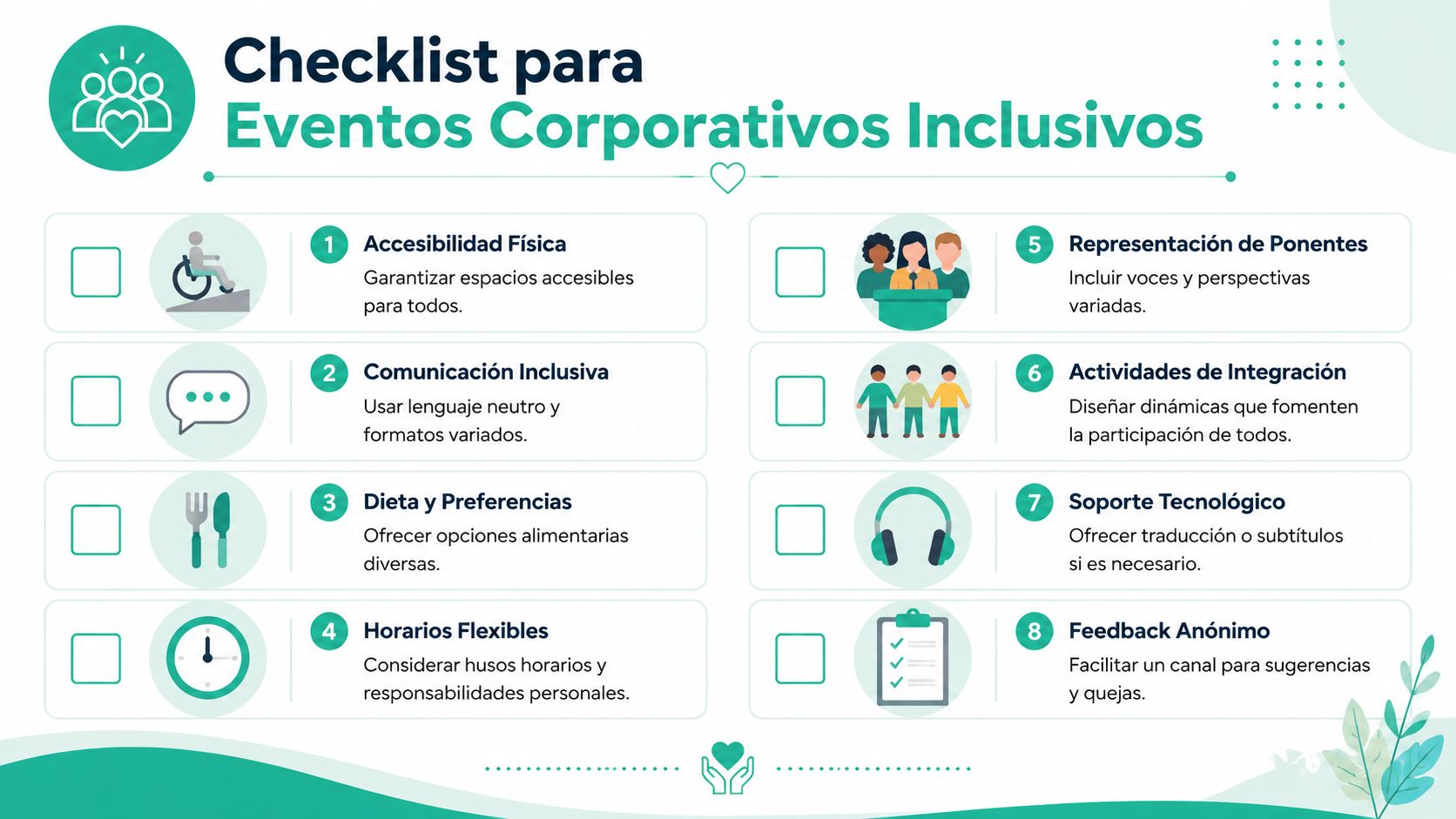 Lista de verificación para planificar eventos corporativos inclusivos con ocho consejos prácticos de accesibilidad y diversidad laboral.