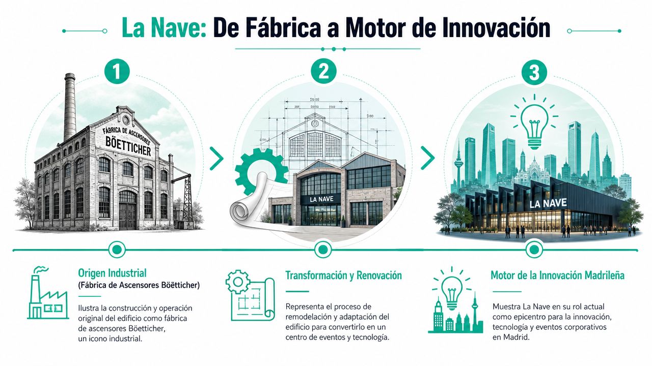 Infografía mostrando la transformación histórica del edificio La Nave, desde antigua fábrica hasta centro de innovación madrileño.