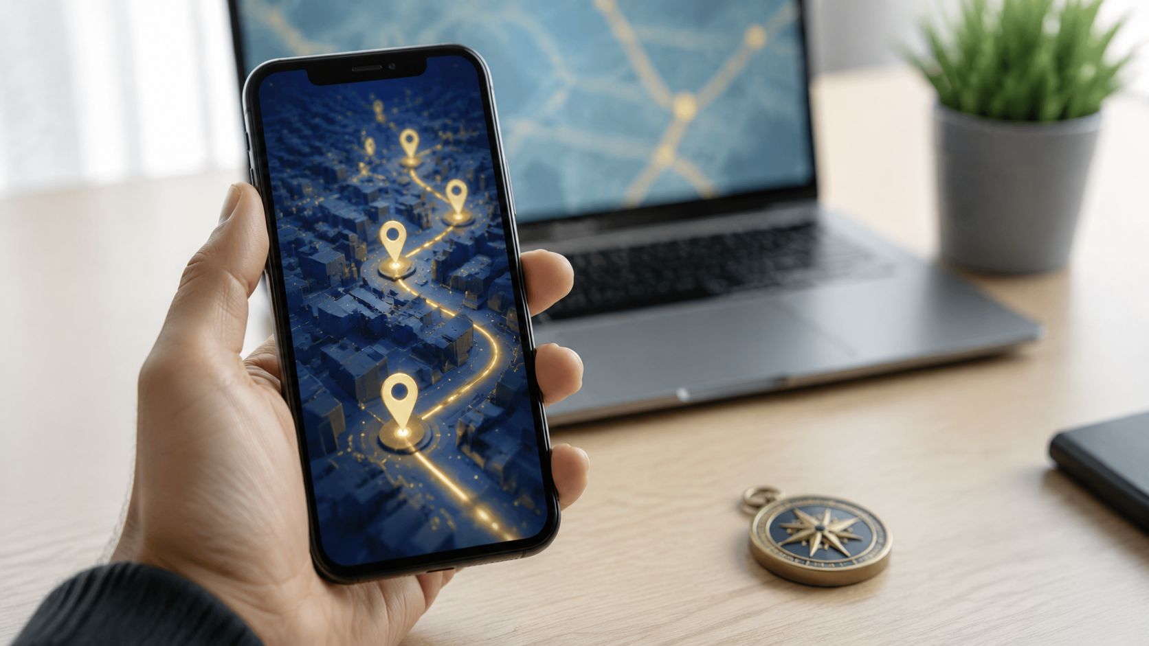 Una mano sosteniendo un teléfono inteligente mostrando un mapa digital con puntos de ubicación y rutas brillantes.