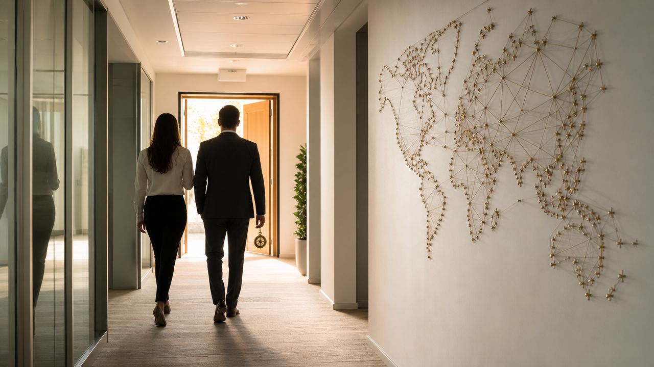 Una mujer y un hombre caminando por un pasillo de oficina hacia una puerta abierta con luz.