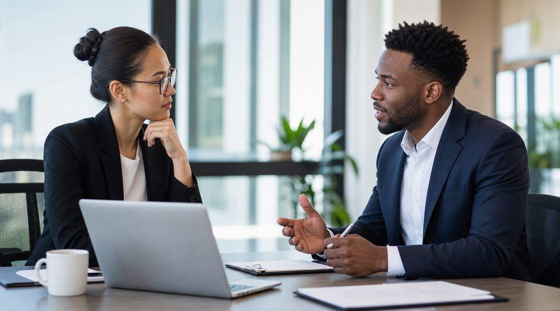 Una empresaria y un empresario conversan profesionalmente frente a una computadora en una oficina moderna.