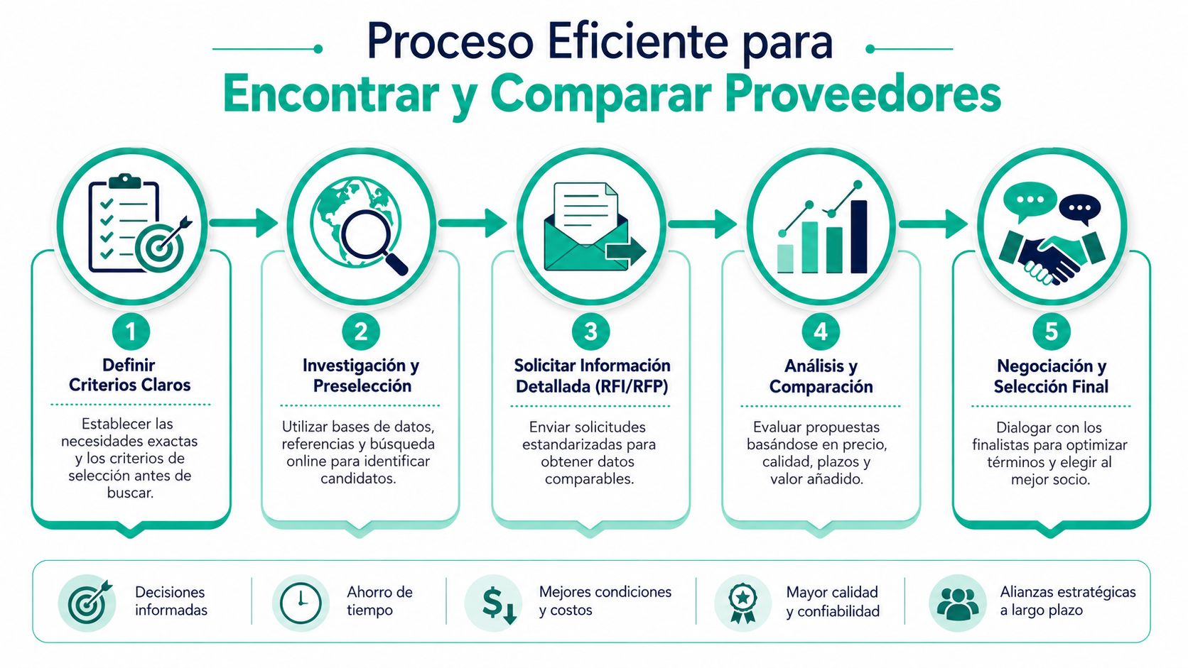 Infografía sobre el proceso eficiente de cinco pasos para encontrar y comparar proveedores empresariales de manera profesional.