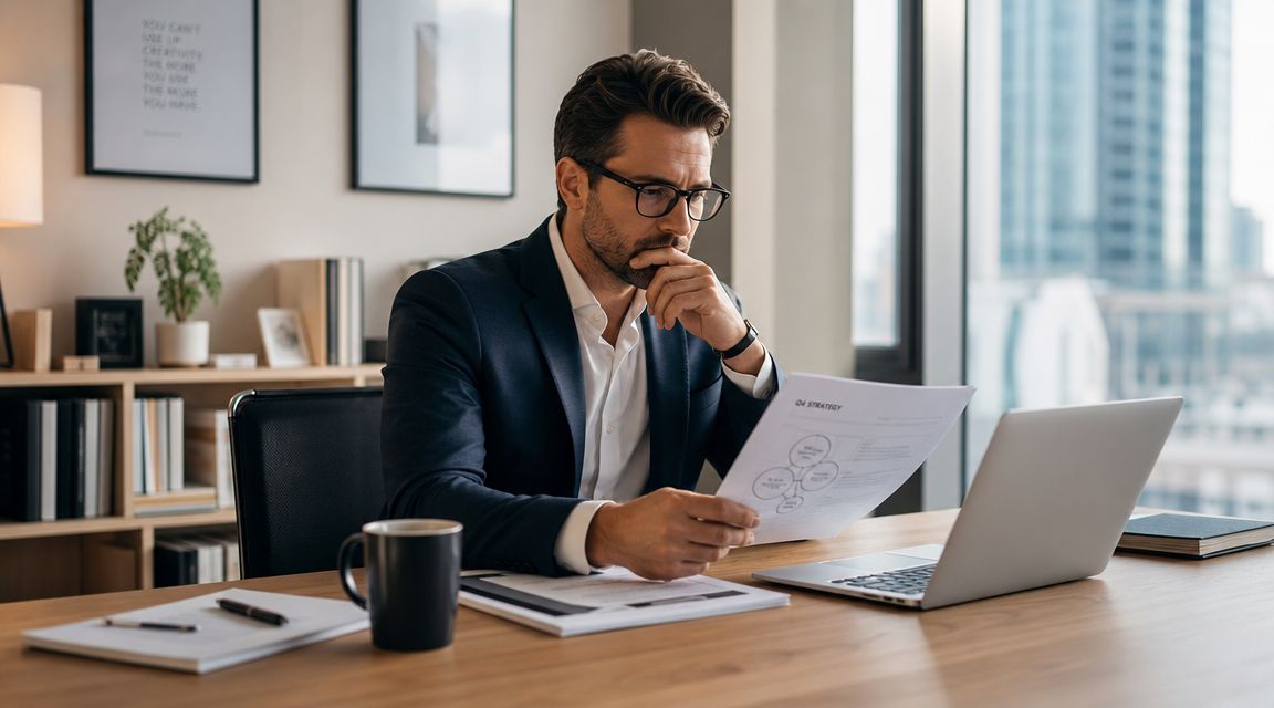 Un hombre de negocios analizando documentos estratégicos en su oficina moderna con una computadora portátil sobre el escritorio.