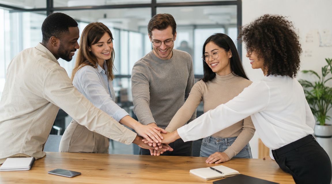 Un grupo diverso de colegas de trabajo uniendo sus manos en equipo sobre una mesa de oficina.