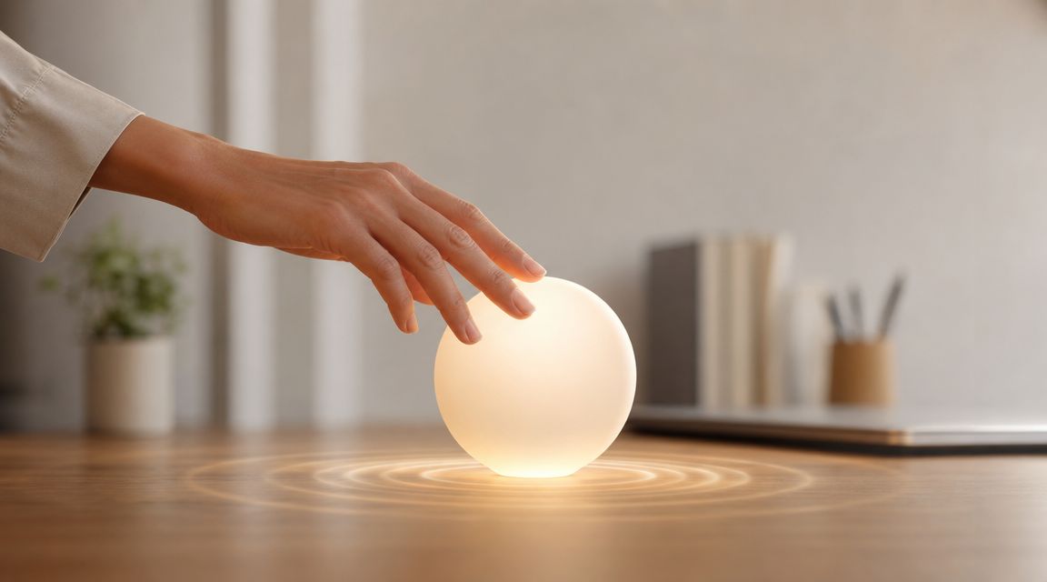 Una mano humana interactúa suavemente con una esfera luminosa que proyecta ondas de luz sobre una mesa.