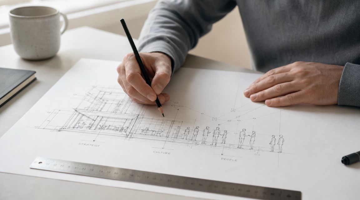 Arquitecto dibujando un esquema conceptual sobre papel blanco con figuras de personas en un escritorio moderno.